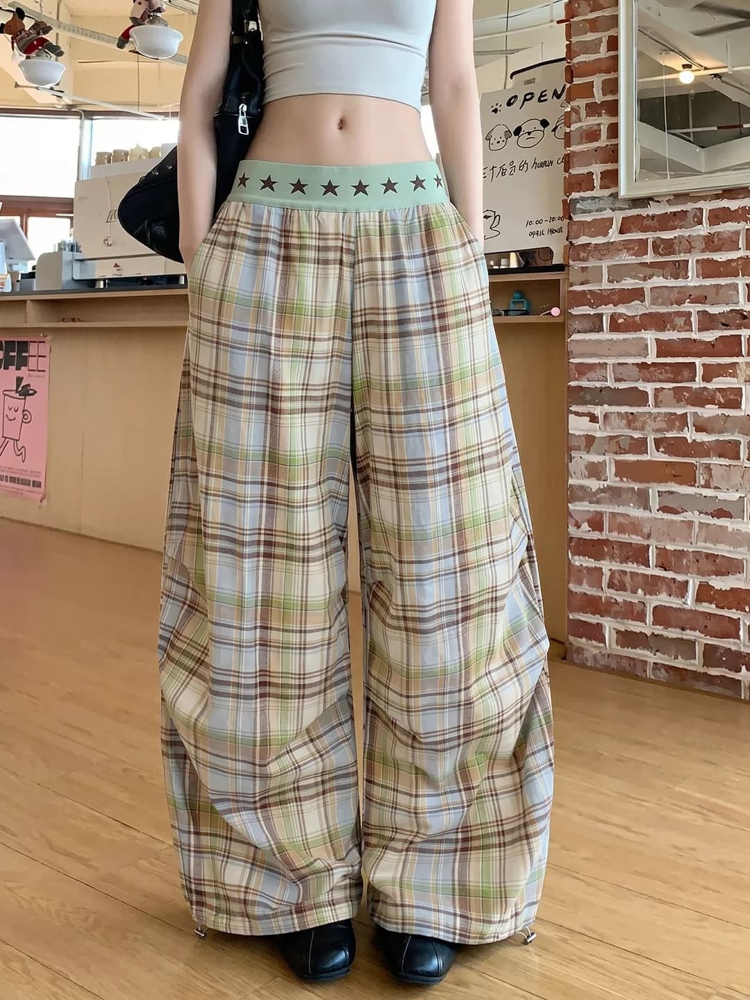 아메리칸 레트로 알파벳 허리 패치워크 체크무늬 와이드 레그 팬츠 남녀 캐주얼 루즈핏 도루 센스 모통이 칼 체크무늬 긴 바지 상세 이미지 2