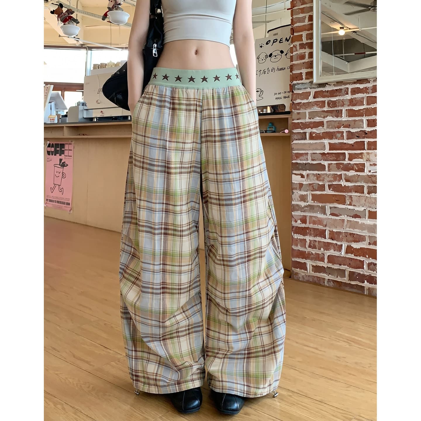 아메리칸 레트로 알파벳 허리 패치워크 체크무늬 와이드 레그 팬츠 남녀 캐주얼 루즈핏 도루 센스 모통이 칼 체크무늬 긴 바지 상세 이미지 6