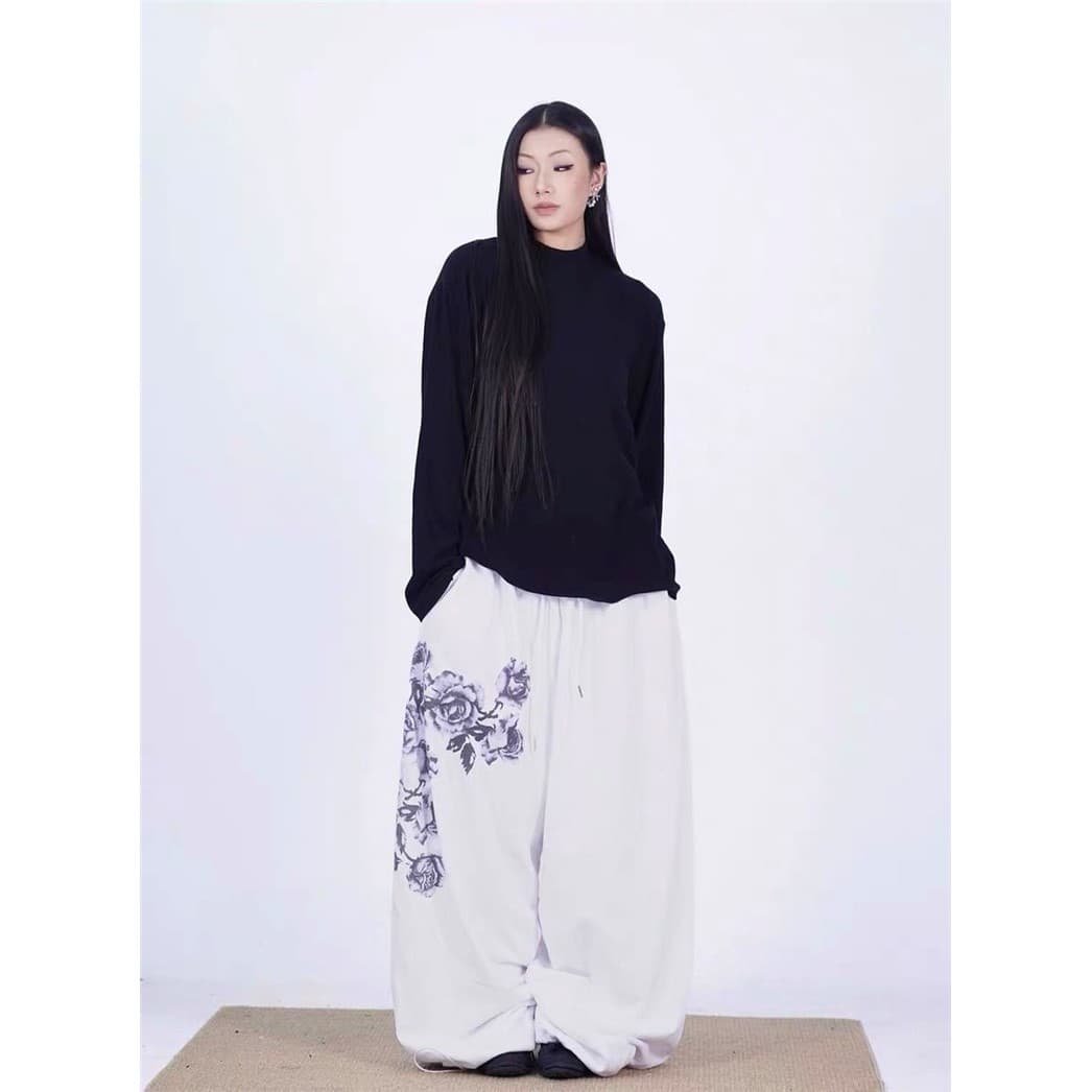 아메리칸 오리지널 허리밴드 캐주얼 바지 화이트 장미 다용도 레트로 백화 프린트 긴 바지 재즈 스트레이트 와이드 레그 팬츠 상세 이미지 3