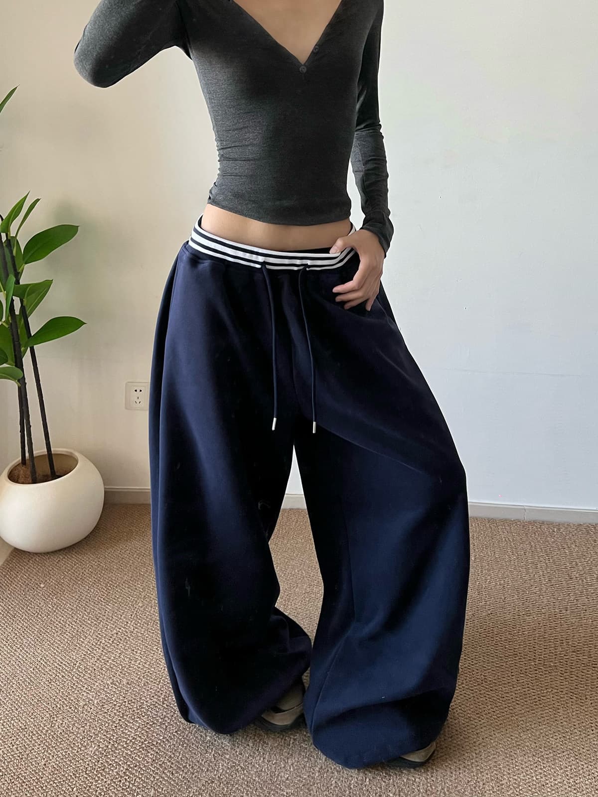 기초 캐주얼 바람 복합 면 밴딩 스트라이프 리브 허리 루즈핏 펌프 로프 운동 바닥 청소 웨이 바지 여성 상세 이미지 4