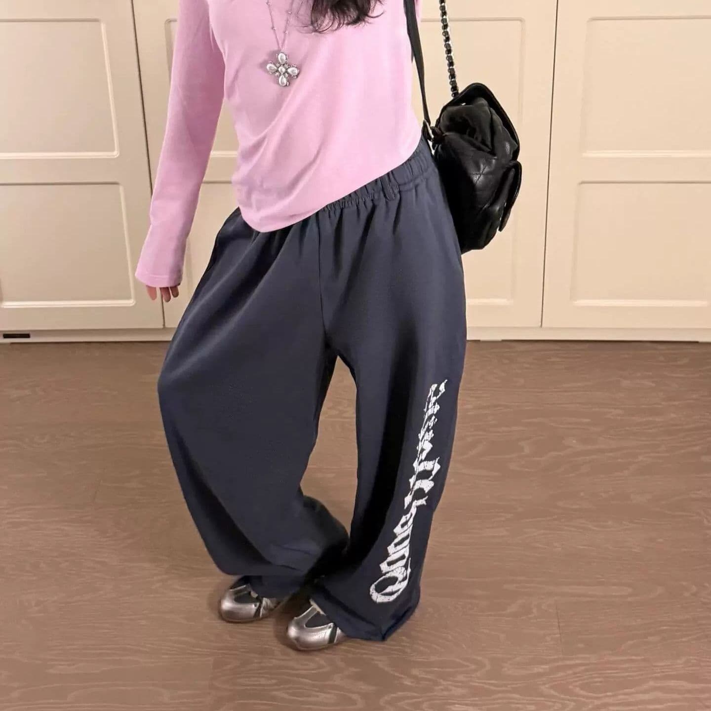조수 브랜드 아메리칸 마 오래된 알파벳 블루 회색 프린트 캐주얼 바지 여성 루즈핏 도루 센스 jazz 춤추기 운동 넓은 다리 웨이 바지 이미지 4