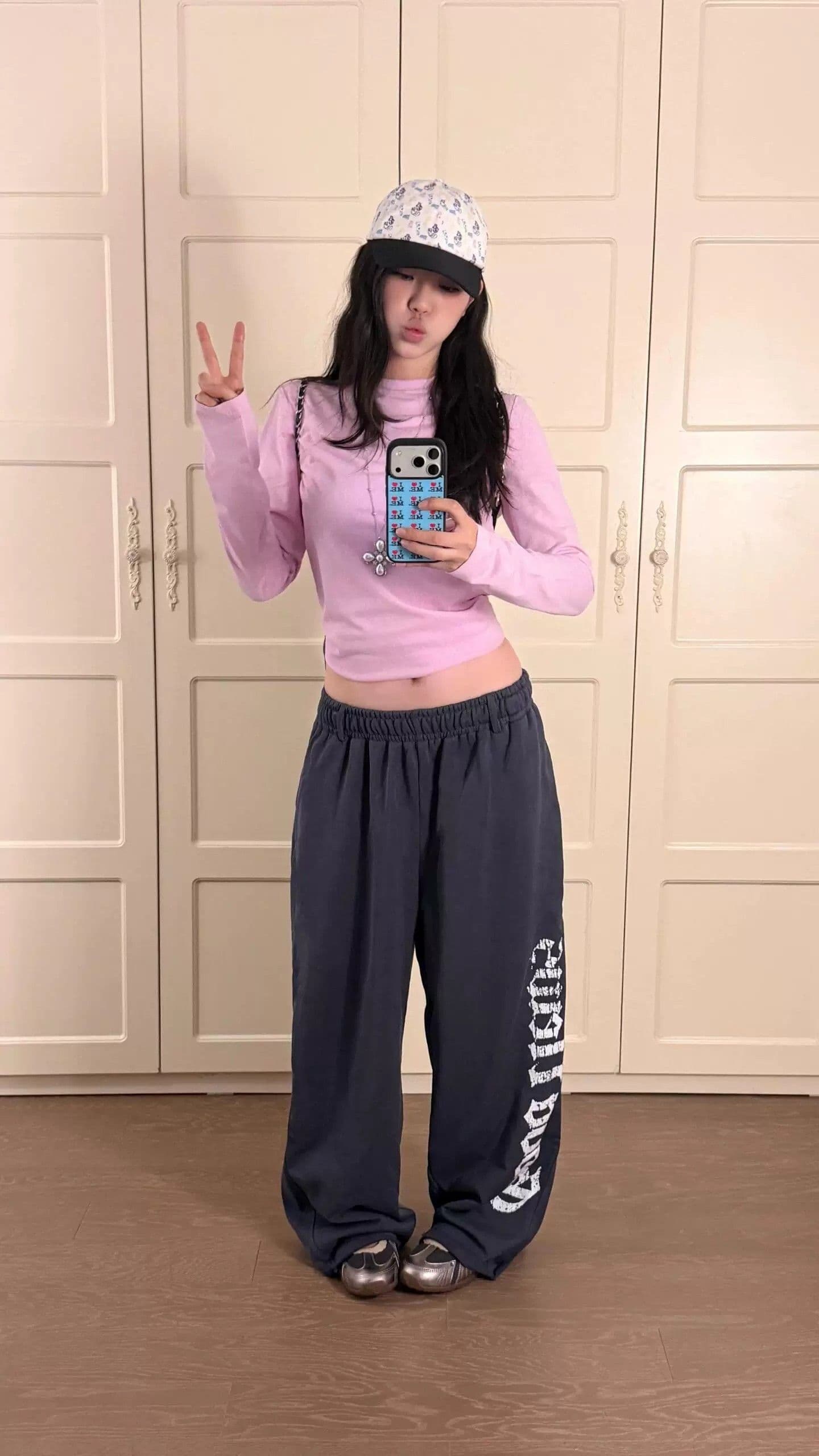 조수 브랜드 아메리칸 마 오래된 알파벳 블루 회색 프린트 캐주얼 바지 여성 루즈핏 도루 센스 jazz 춤추기 운동 넓은 다리 웨이 바지 상세 이미지 5
