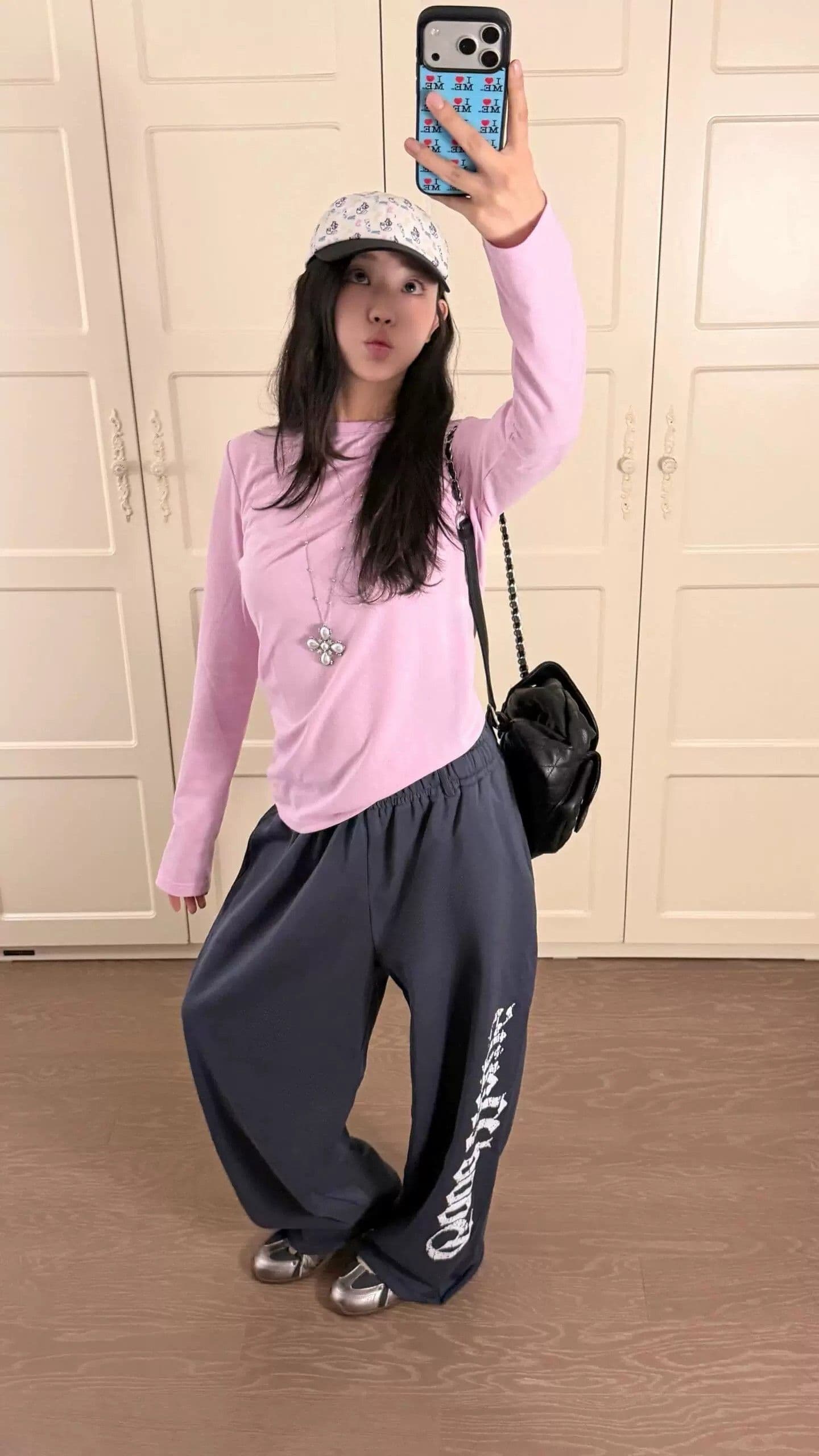 조수 브랜드 아메리칸 마 오래된 알파벳 블루 회색 프린트 캐주얼 바지 여성 루즈핏 도루 센스 jazz 춤추기 운동 넓은 다리 웨이 바지 상세 이미지 6