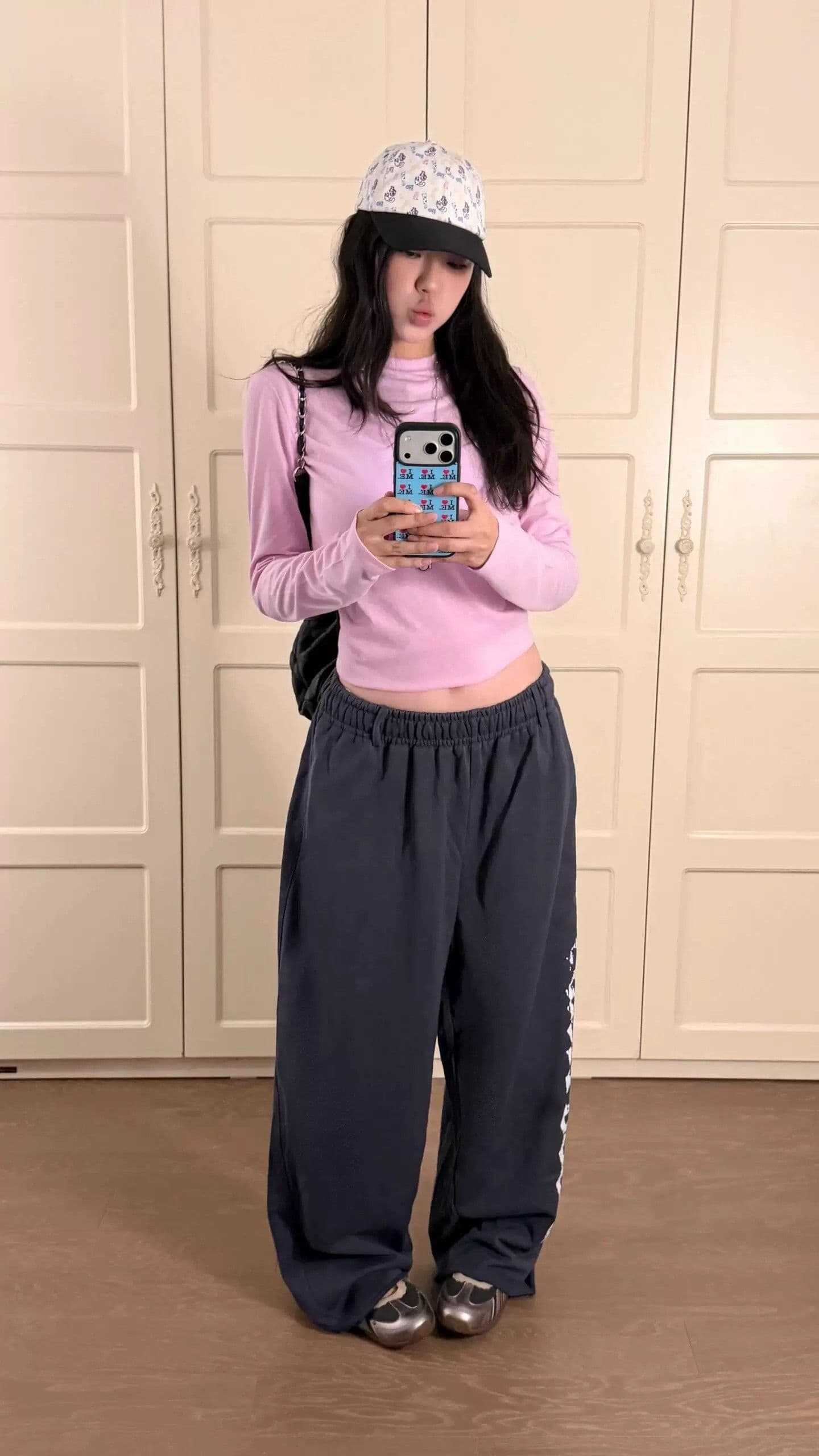 조수 브랜드 아메리칸 마 오래된 알파벳 블루 회색 프린트 캐주얼 바지 여성 루즈핏 도루 센스 jazz 춤추기 운동 넓은 다리 웨이 바지 상세 이미지 8