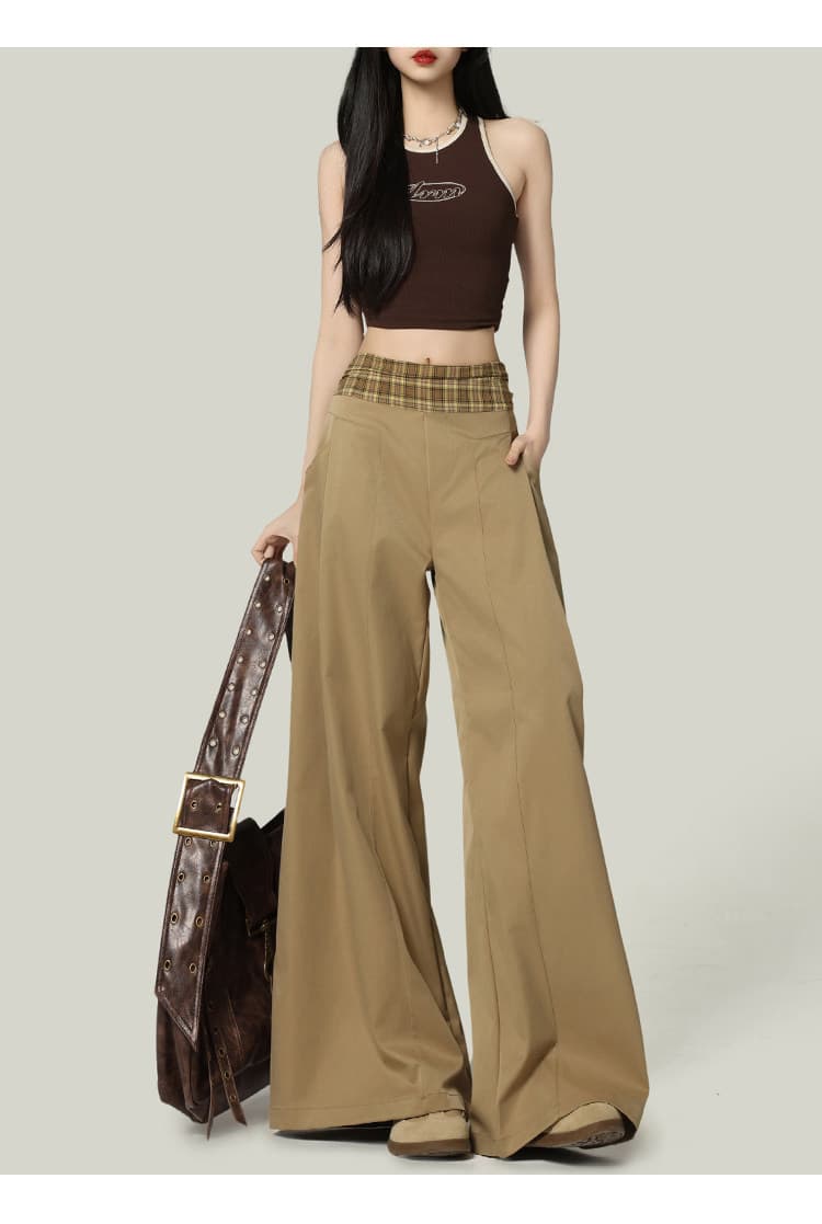 아메리칸 체크무늬 허리 머리 패치워크 디자인 센스 넓은 다리 캐주얼 바지 여성 봄 가을 새로운 루즈핏 다용도 도루 센스 스트레이트 팬츠 상세 이미지 1