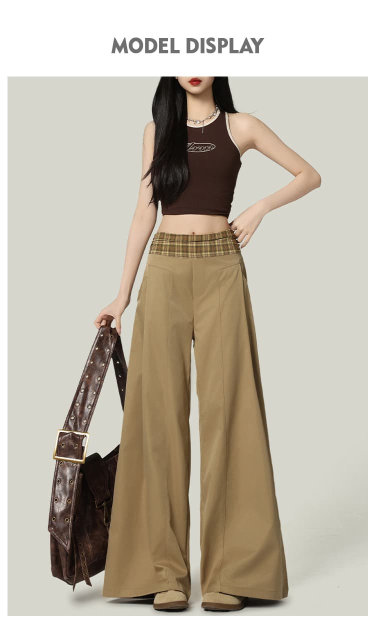 아메리칸 체크무늬 허리 머리 패치워크 디자인 센스 넓은 다리 캐주얼 바지 여성 봄 가을 새로운 루즈핏 다용도 도루 센스 스트레이트 팬츠 상세 이미지 9