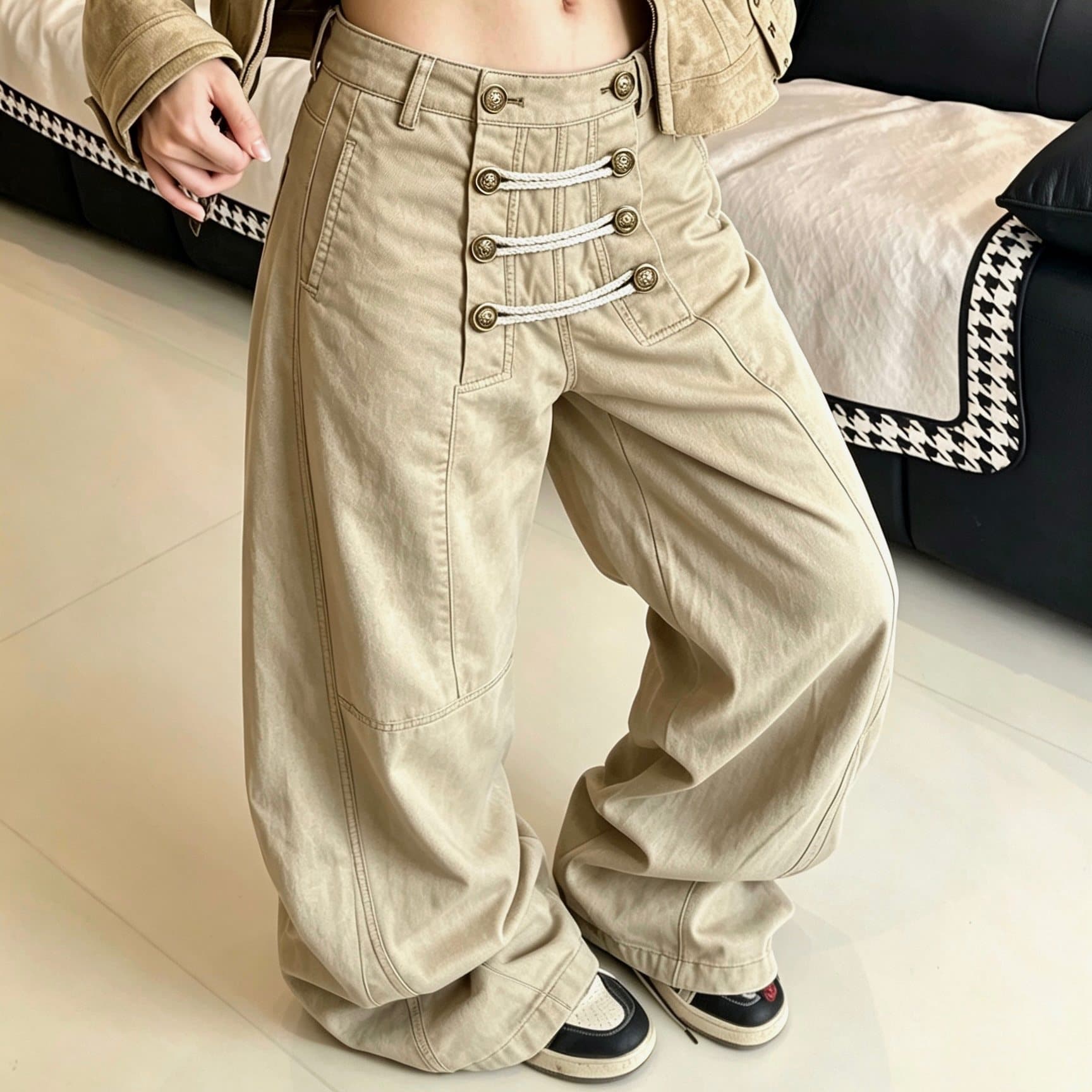 아메리칸 레트로 해체 싱글 줄 버튼 디자인 모통이 칼 청바지 남녀 높음 거리 루즈핏 캐주얼 다용도 넓은 다리 길이 바지 이미지 5