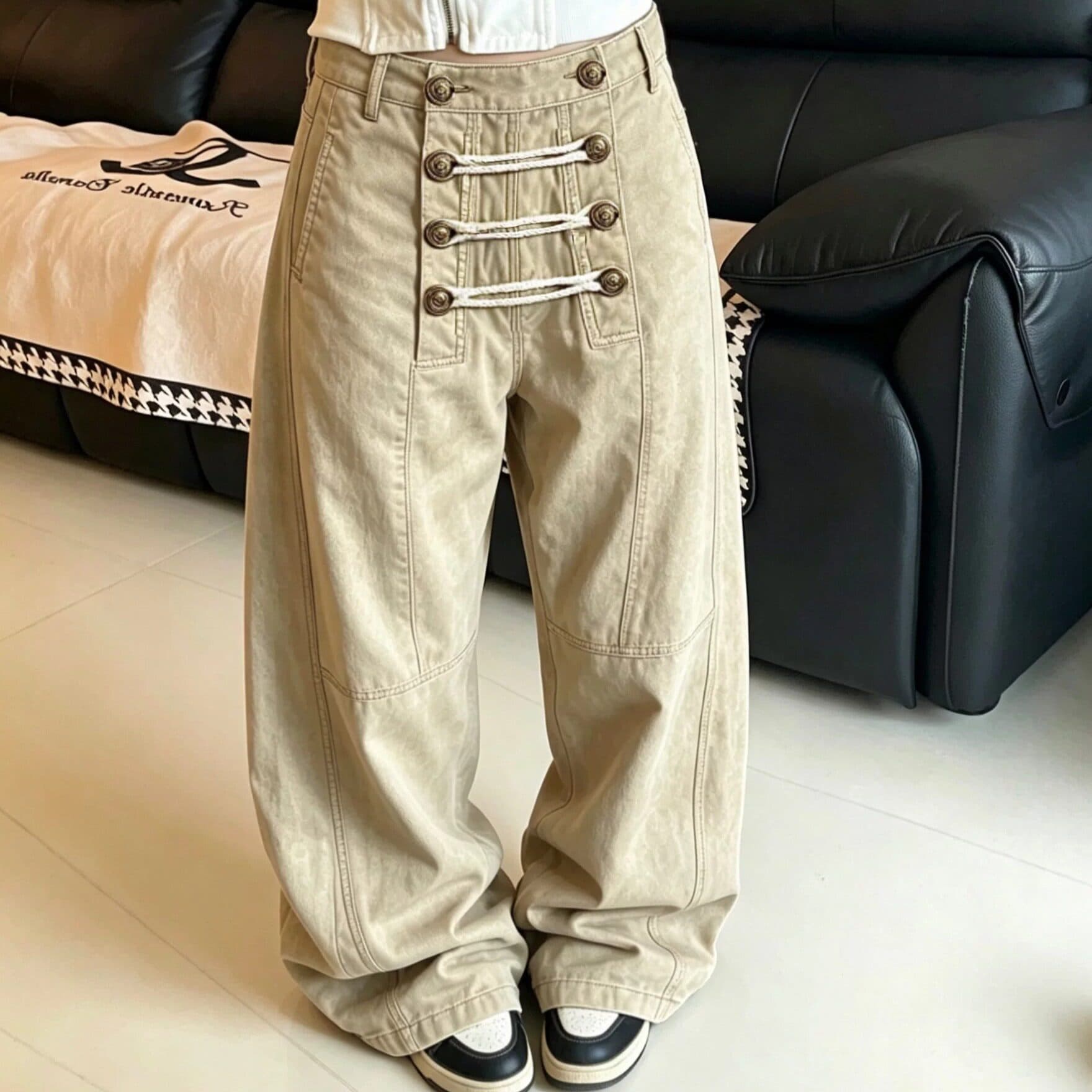 아메리칸 레트로 해체 싱글 줄 버튼 디자인 모통이 칼 청바지 남녀 높음 거리 루즈핏 캐주얼 다용도 넓은 다리 길이 바지