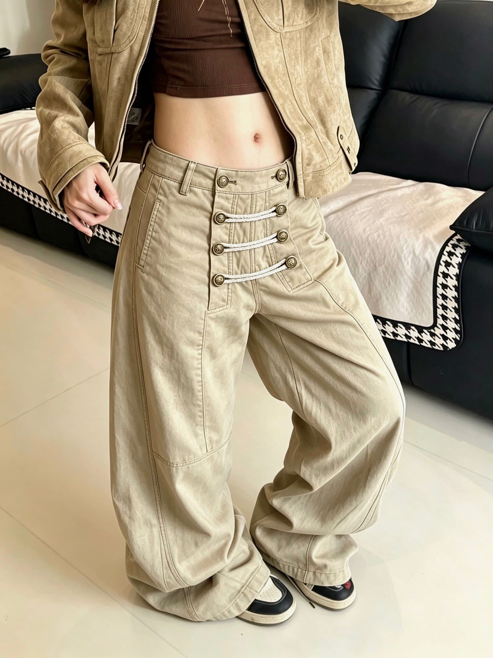 아메리칸 레트로 해체 싱글 줄 버튼 디자인 모통이 칼 청바지 남녀 높음 거리 루즈핏 캐주얼 다용도 넓은 다리 길이 바지 상세 이미지 11