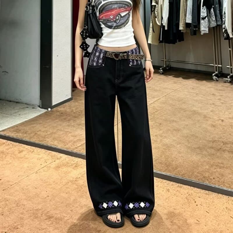 아메리칸 레트로 디자인 센스 패치워크 허리 머리 스트레이트 청바지 여성 가을 새로운 캐주얼 루즈핏 슬림해 보이는 와이드 레그 팬츠