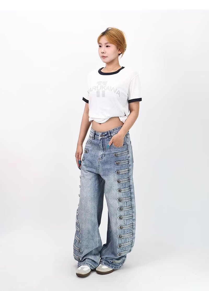 워싱 레트로 비스듬한 문 襟 단추 청바지 긴 바지 상세 이미지 7