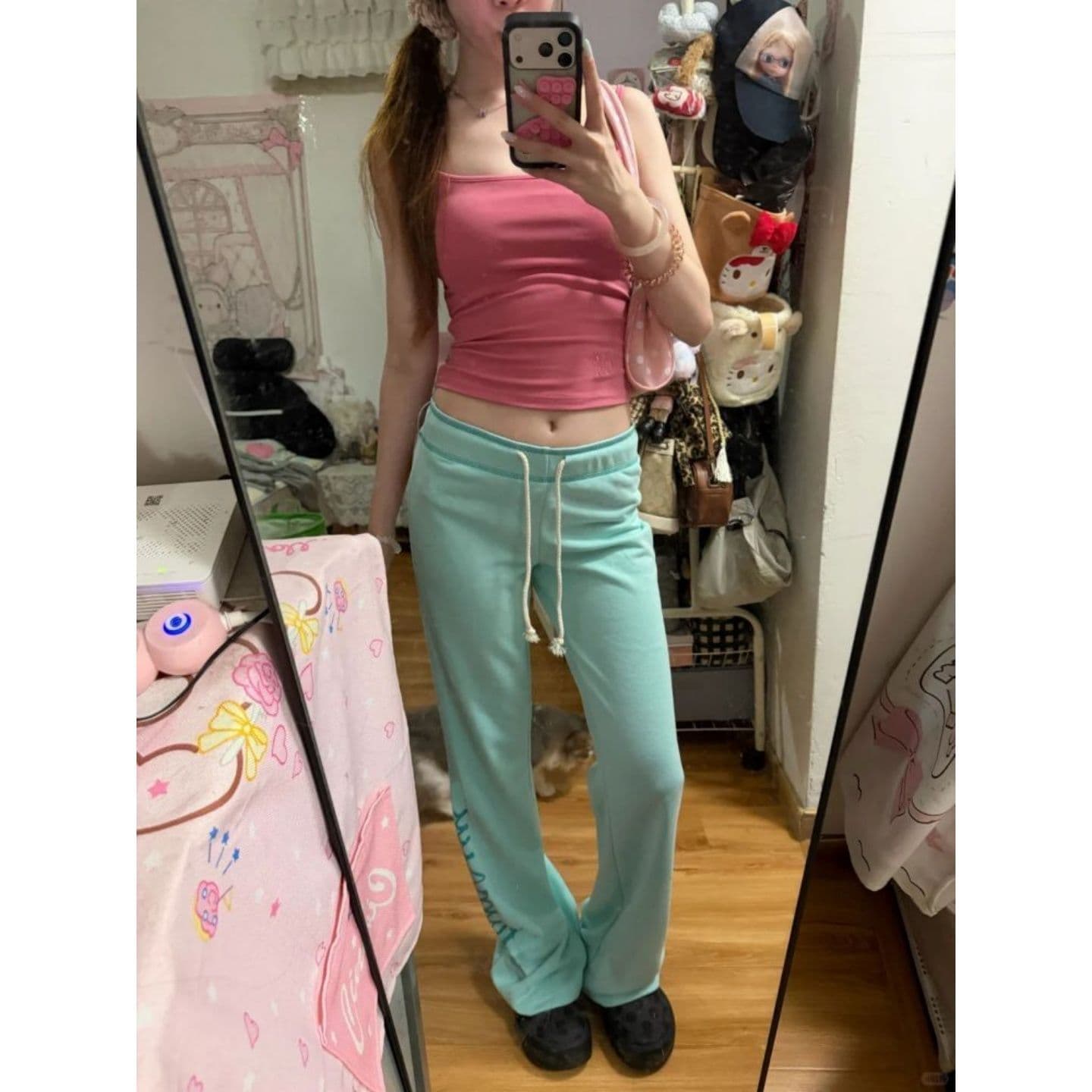 순수한 Mianhua 면 복합 우유 실크 합계 320 그램 아메리칸 녹색 펌프 로프 부츠컷 웨이 바지 바지 상세 이미지 2
