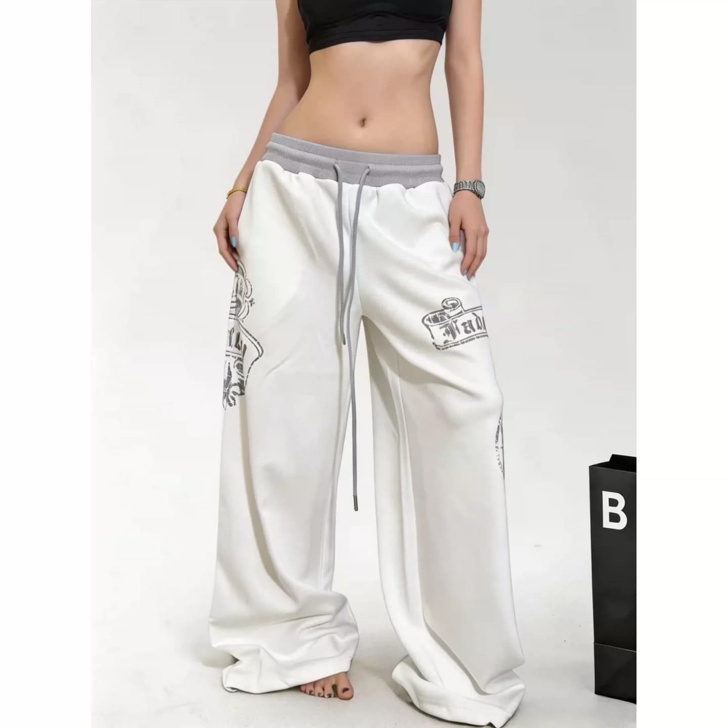 아메리칸 형제 특별 바람 알파벳 프린트 허리 머리 캐주얼 바지 여성 가을 디자인 센스 루즈핏 춤추기 운동 넓은 다리 웨이 바지 상세 이미지 3