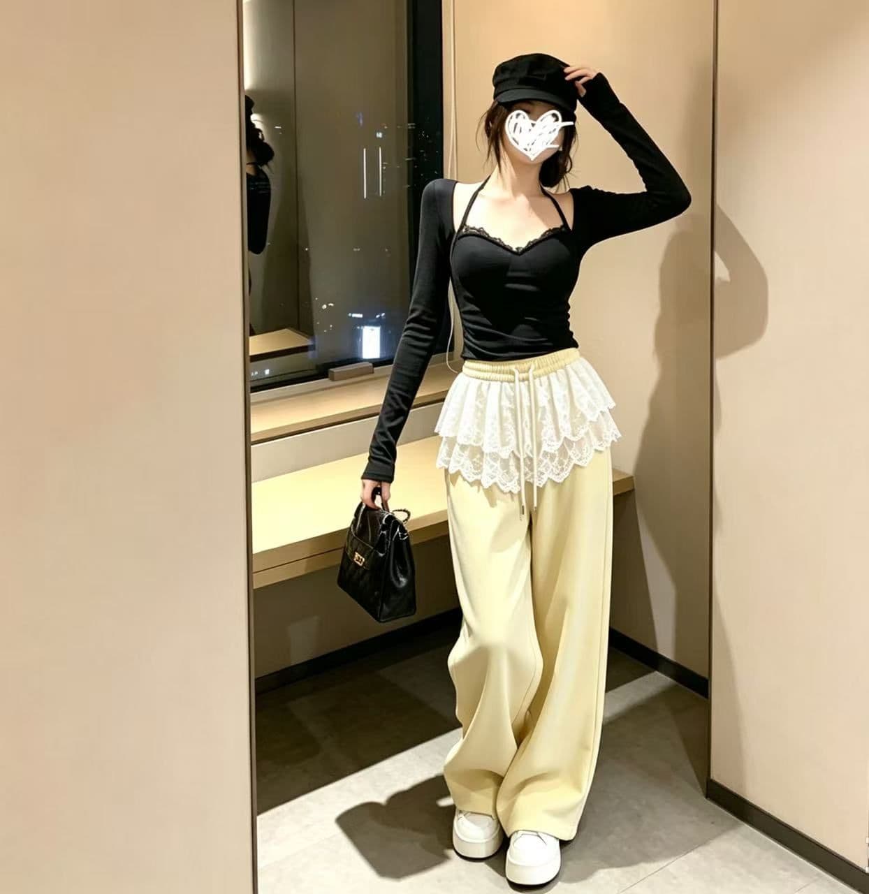디자인 센스 레이스 조각 조거 캐주얼 바지 여성 겨울 검정색 하이웨이스트 펌프 로프 루즈핏 와이드 레그 팬츠 바닥 청소 긴 바지 상세 이미지 5
