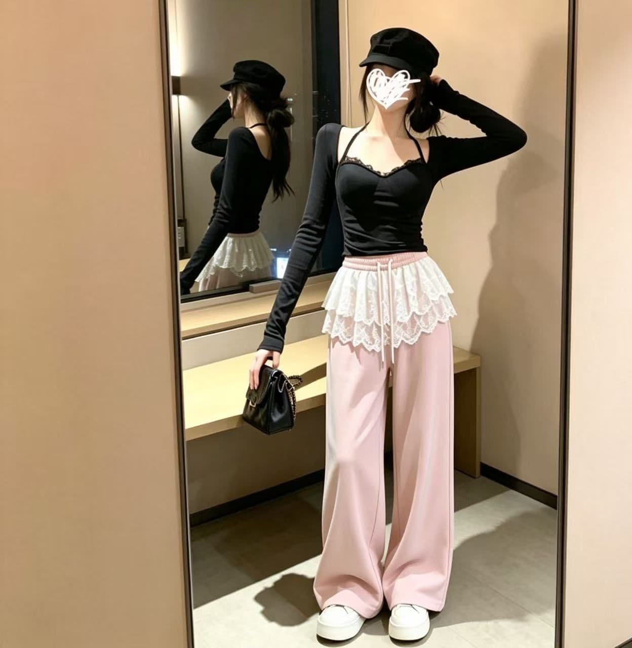 디자인 센스 레이스 조각 조거 캐주얼 바지 여성 겨울 검정색 하이웨이스트 펌프 로프 루즈핏 와이드 레그 팬츠 바닥 청소 긴 바지 상세 이미지 18