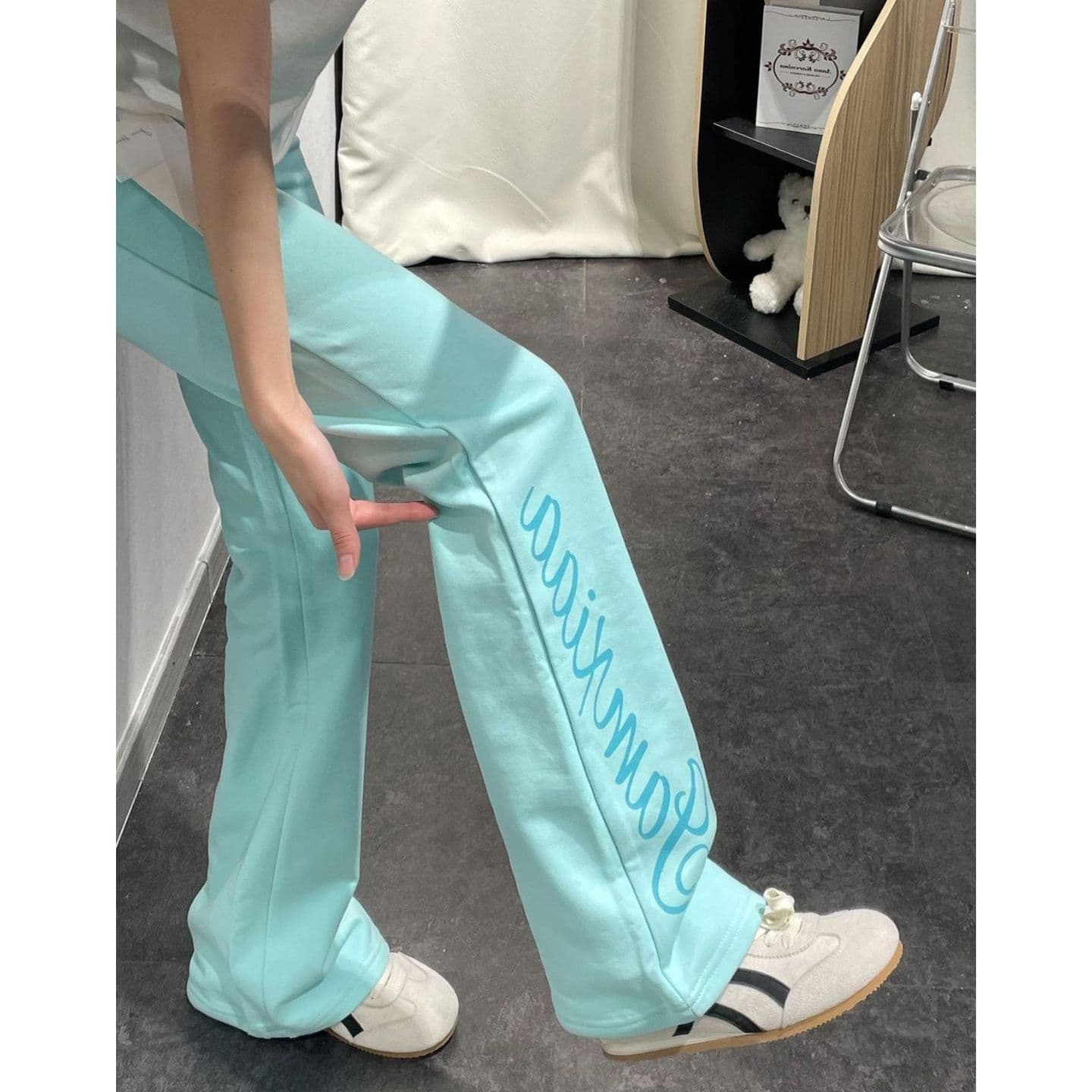 광저우 원단 원본 원단 아메리칸 레트로 호수 물 녹색 펌프 로프 웨이 바지 여성 가을 겨울 캐주얼 롱 바지 트렌디
