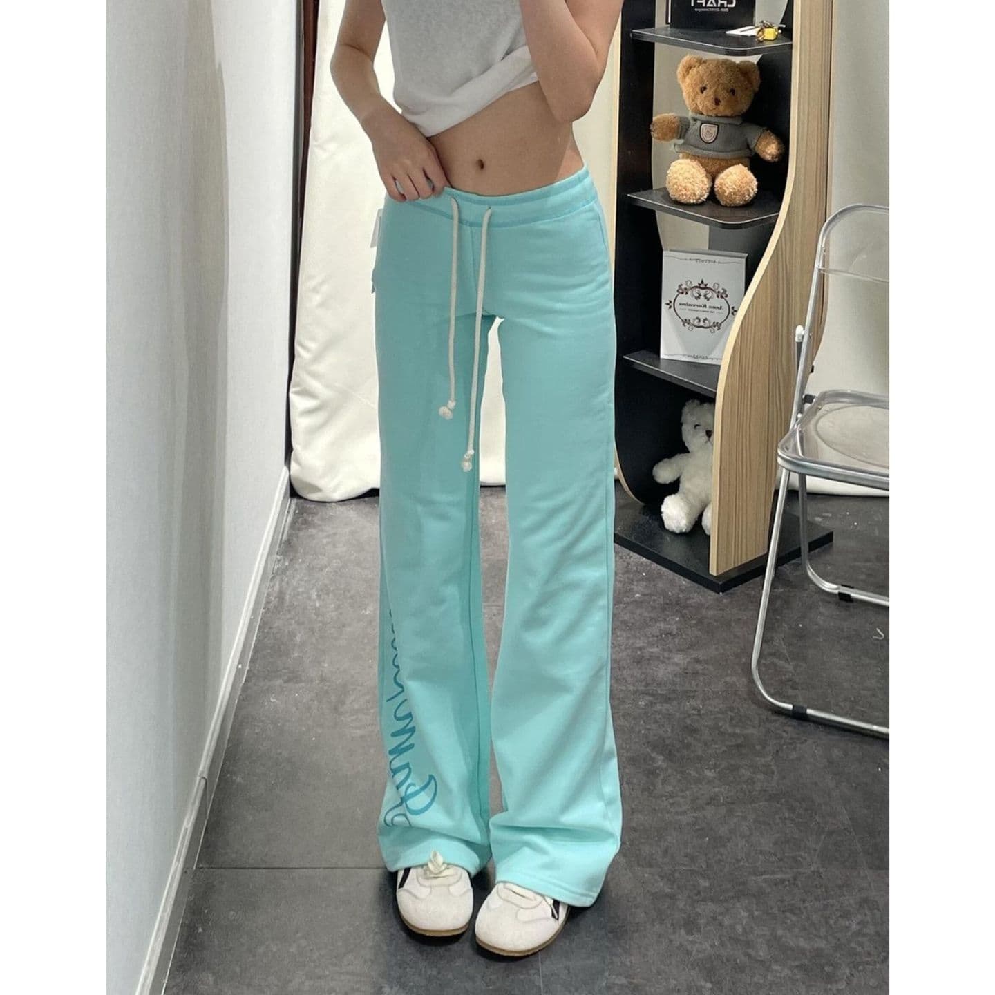 광저우 원단 원본 원단 아메리칸 레트로 호수 물 녹색 펌프 로프 웨이 바지 여성 가을 겨울 캐주얼 롱 바지 트렌디 상세 이미지 2