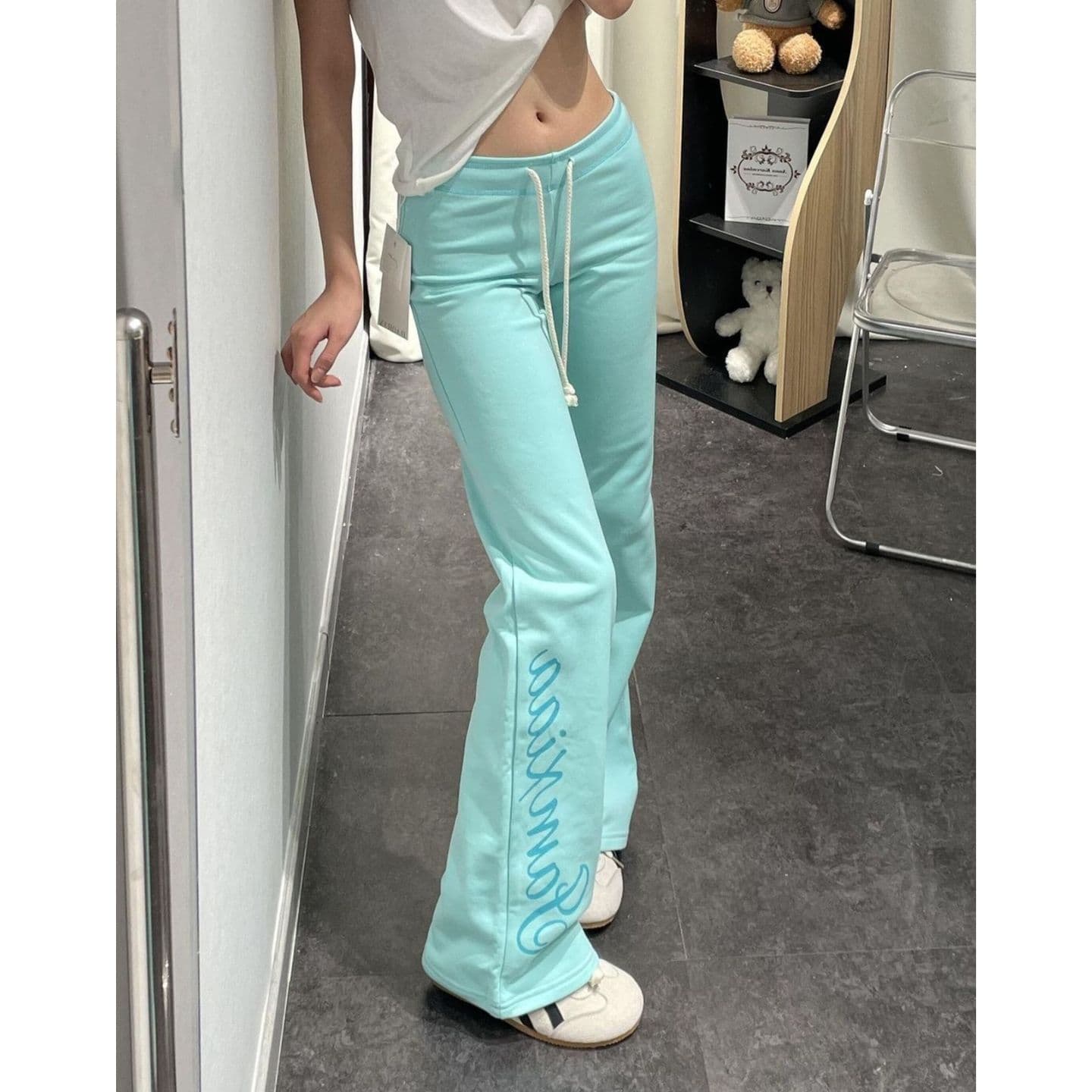광저우 원단 원본 원단 아메리칸 레트로 호수 물 녹색 펌프 로프 웨이 바지 여성 가을 겨울 캐주얼 롱 바지 트렌디 상세 이미지 4
