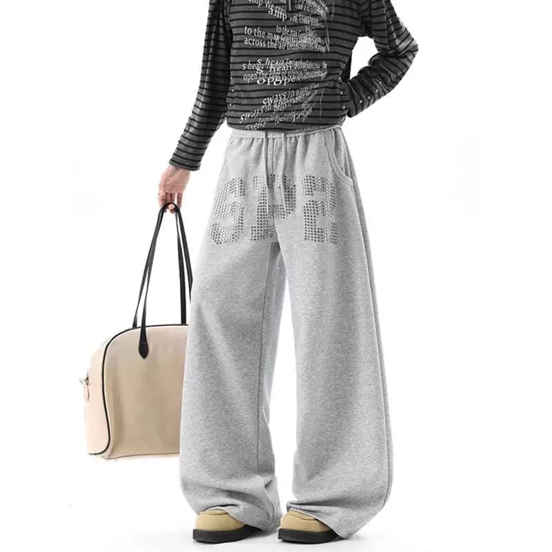 금속 뜨거운 못 거리 루즈핏 웨이 바지 다용도 춤추기 조거 넓은 다리 baggy 캐주얼 긴 바지 여성 상세 이미지 2