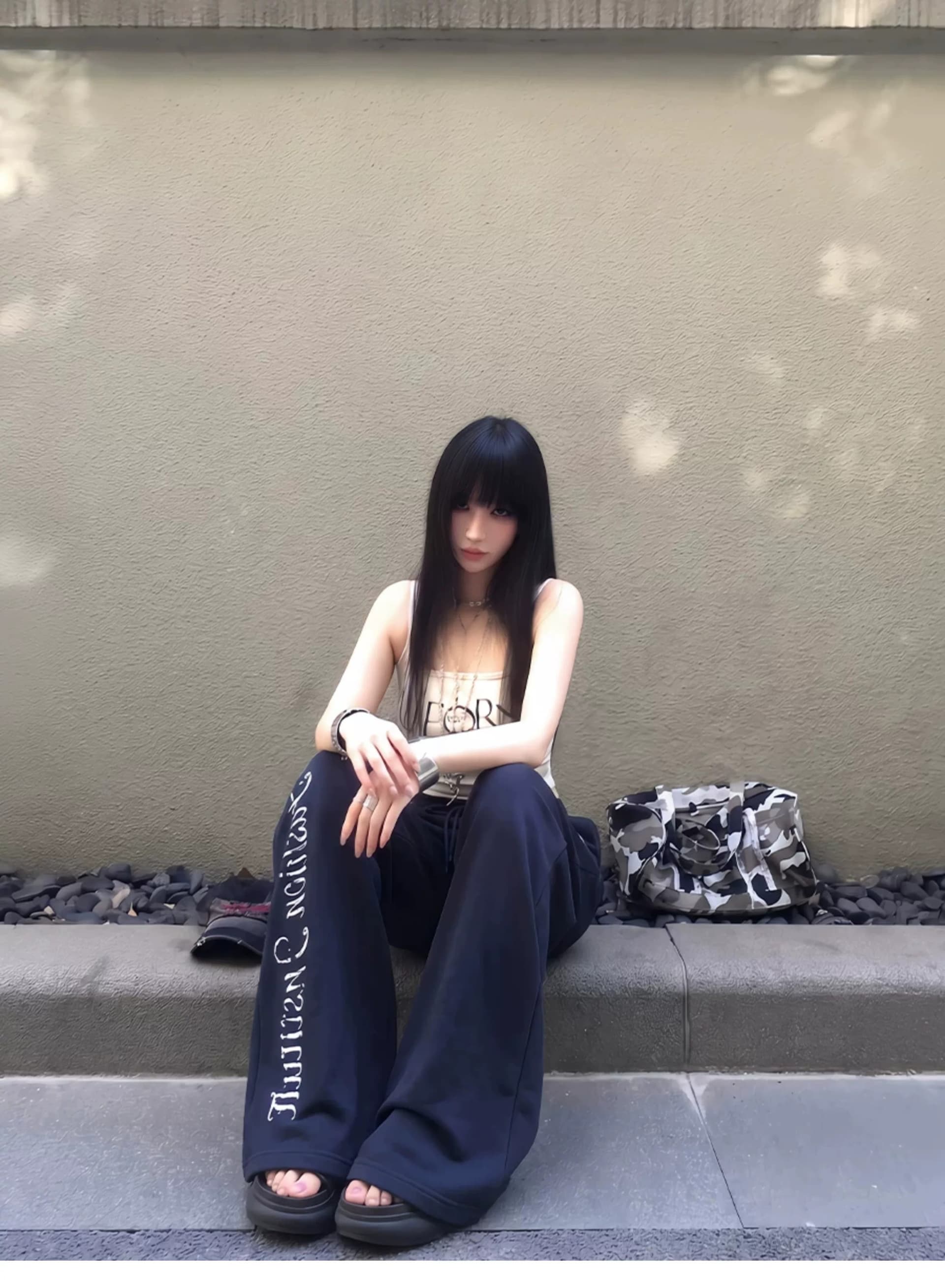 아메리칸 블랙 회색 알파벳 캐주얼 스트레이트 팬츠 여성 여름 캐주얼 펌프 로프 바지 와이드 레그 팬츠 루즈핏 슬림해 보이는 긴 바지 상세 이미지 5