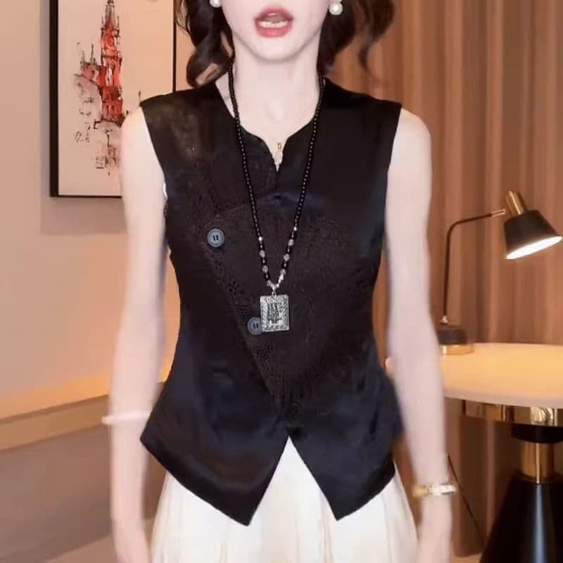 새로운 중식 국풍 베스트 조끼 아세트산 새틴 자카드 민소매 맨위 여름 레이스 자수 어깨 조끼 여성 상세 이미지 4