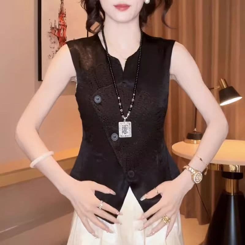 새로운 중식 국풍 베스트 조끼 아세트산 새틴 자카드 민소매 맨위 여름 레이스 자수 어깨 조끼 여성 상세 이미지 6
