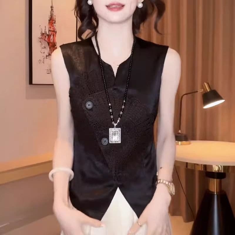 새로운 중식 국풍 베스트 조끼 아세트산 새틴 자카드 민소매 맨위 여름 레이스 자수 어깨 조끼 여성 상세 이미지 7