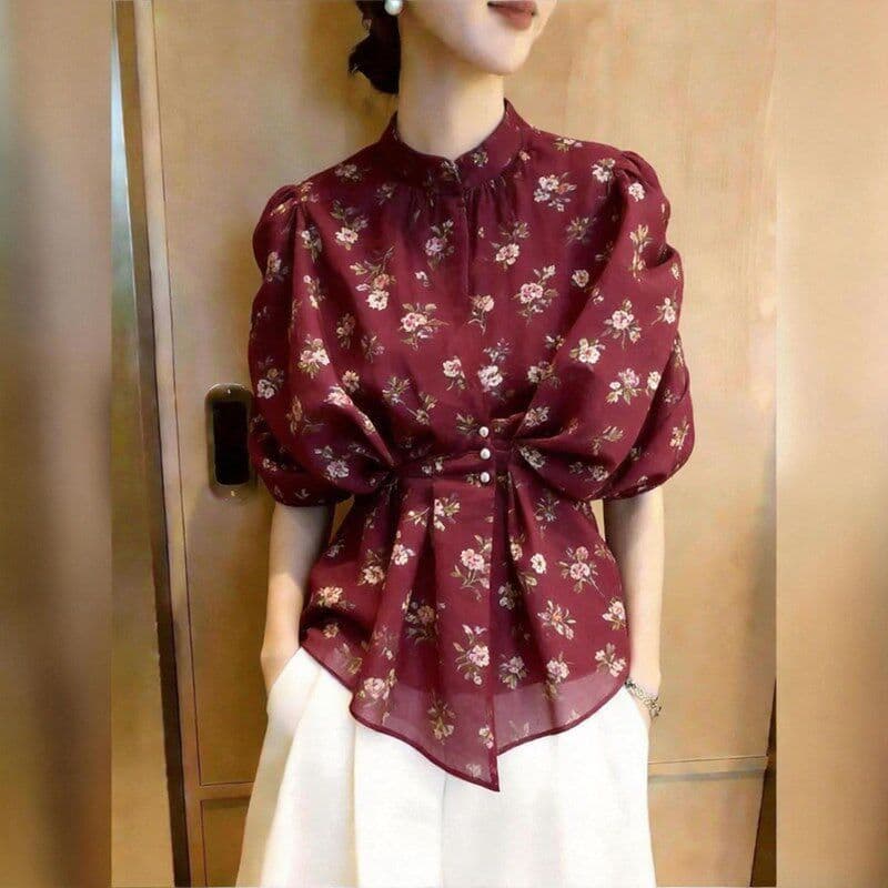 프랑스식 부드러운 바람 스탠드 칼라 꽃무늬 맨위 여성 빨간색 거품 소매 허리 수축 다용도 연령 감소 슈퍼 잘 생긴 패션 2026 상세 이미지 3