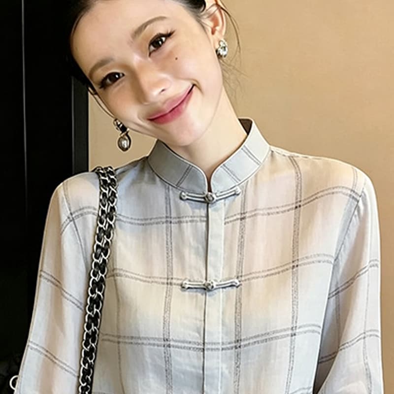 새로운 중식 바람 체크무늬 단추 여성 셔츠 여름 스탠드 칼라 허리 수축 디자인 센스 맨위 잘 생긴 패션 고급 작은 대중 이미지 2