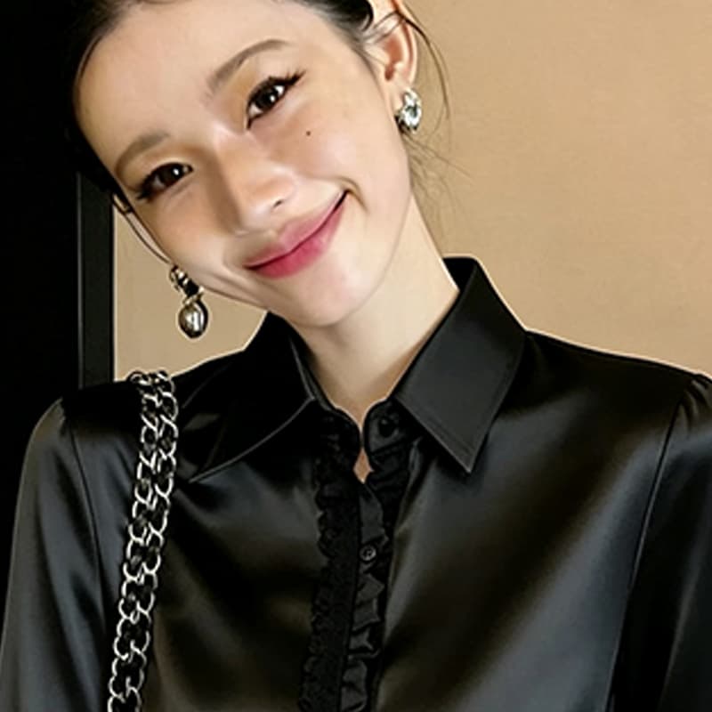 외국 가스 고유 한 Chic 아름다운 고급 센스 슈퍼 잘 생긴 연령 감소 그는 벤 바람 아세트산 새틴 검정색 여성 셔츠 이미지 4