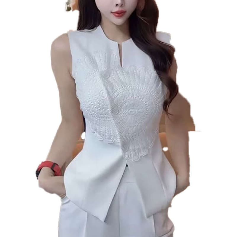 새로운 중식 국풍 베스트 조끼 아세트산 새틴 자카드 민소매 맨위 여름 레이스 자수 어깨 조끼 여성 이미지 5