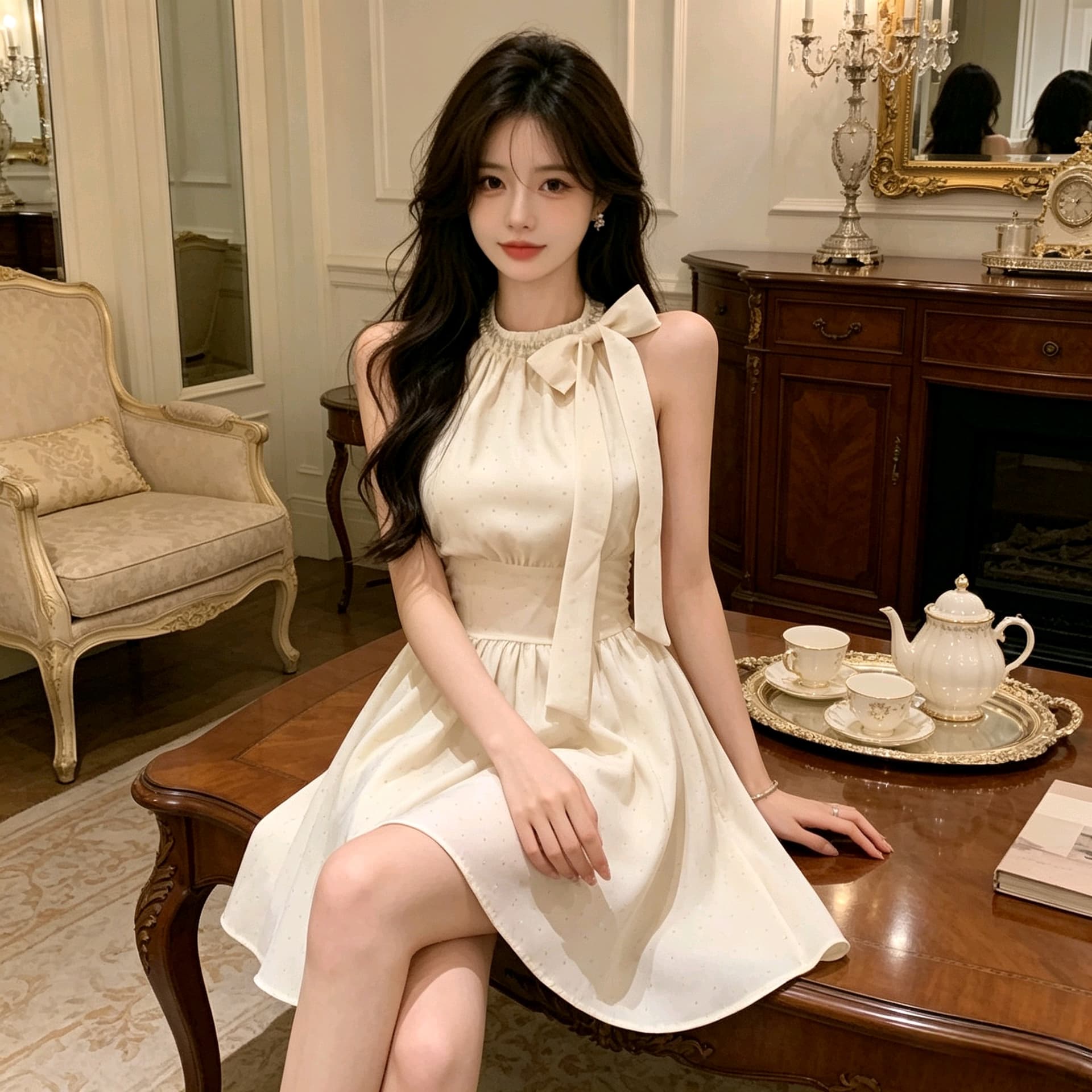 실사 2026 순수한 욕망 핫걸 민소매 드레스 부유 한 가족 천 골드 허리 수축 슬림해 보이는 한 마디 미니 스커트