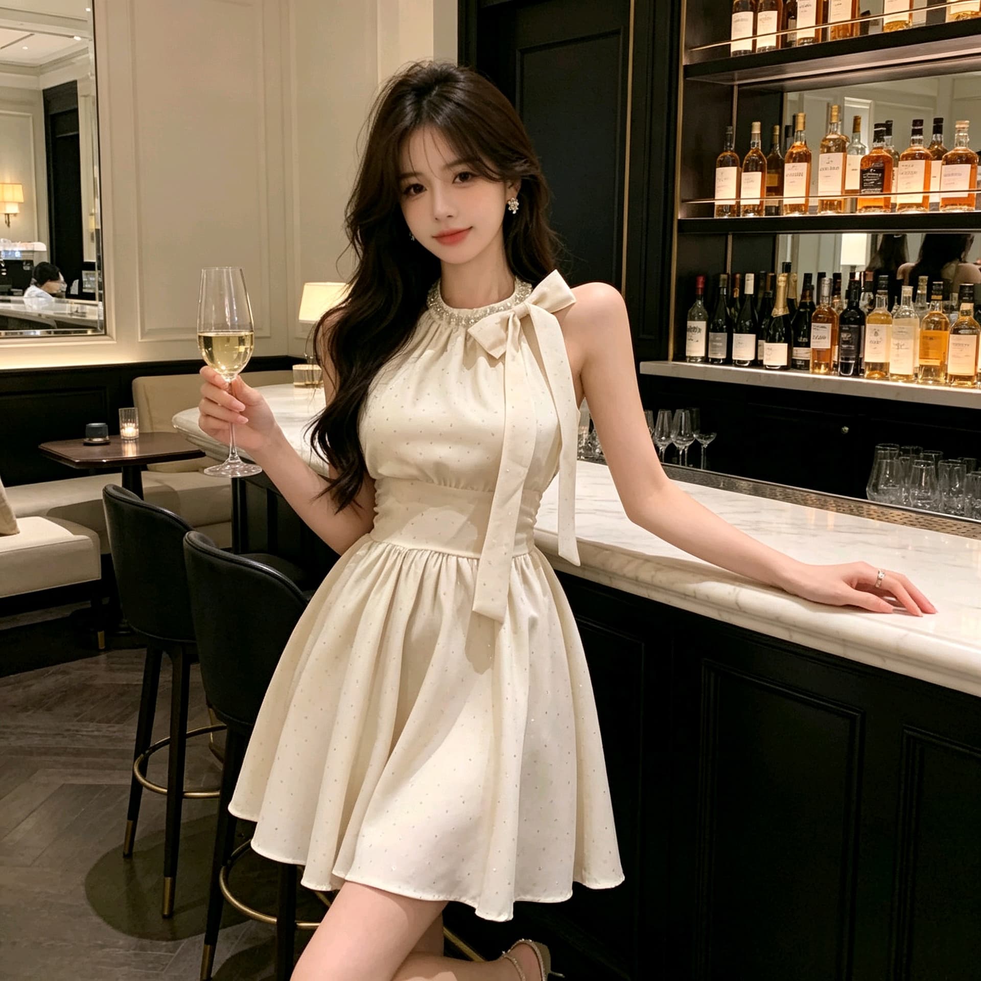 실사 2026 순수한 욕망 핫걸 민소매 드레스 부유 한 가족 천 골드 허리 수축 슬림해 보이는 한 마디 미니 스커트 이미지 4