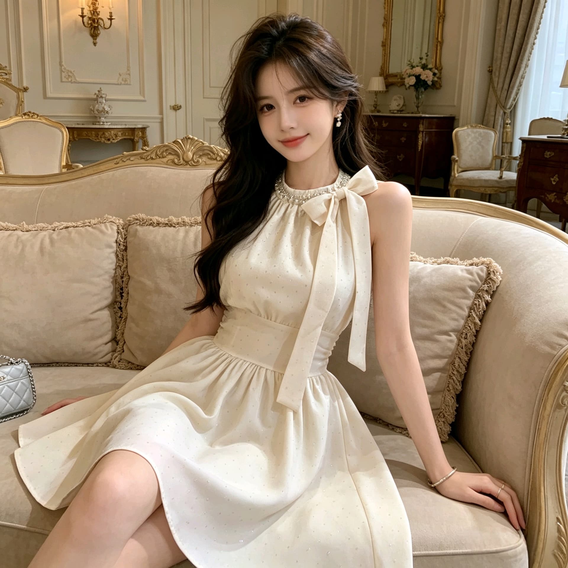 실사 2026 순수한 욕망 핫걸 민소매 드레스 부유 한 가족 천 골드 허리 수축 슬림해 보이는 한 마디 미니 스커트 상세 이미지 3