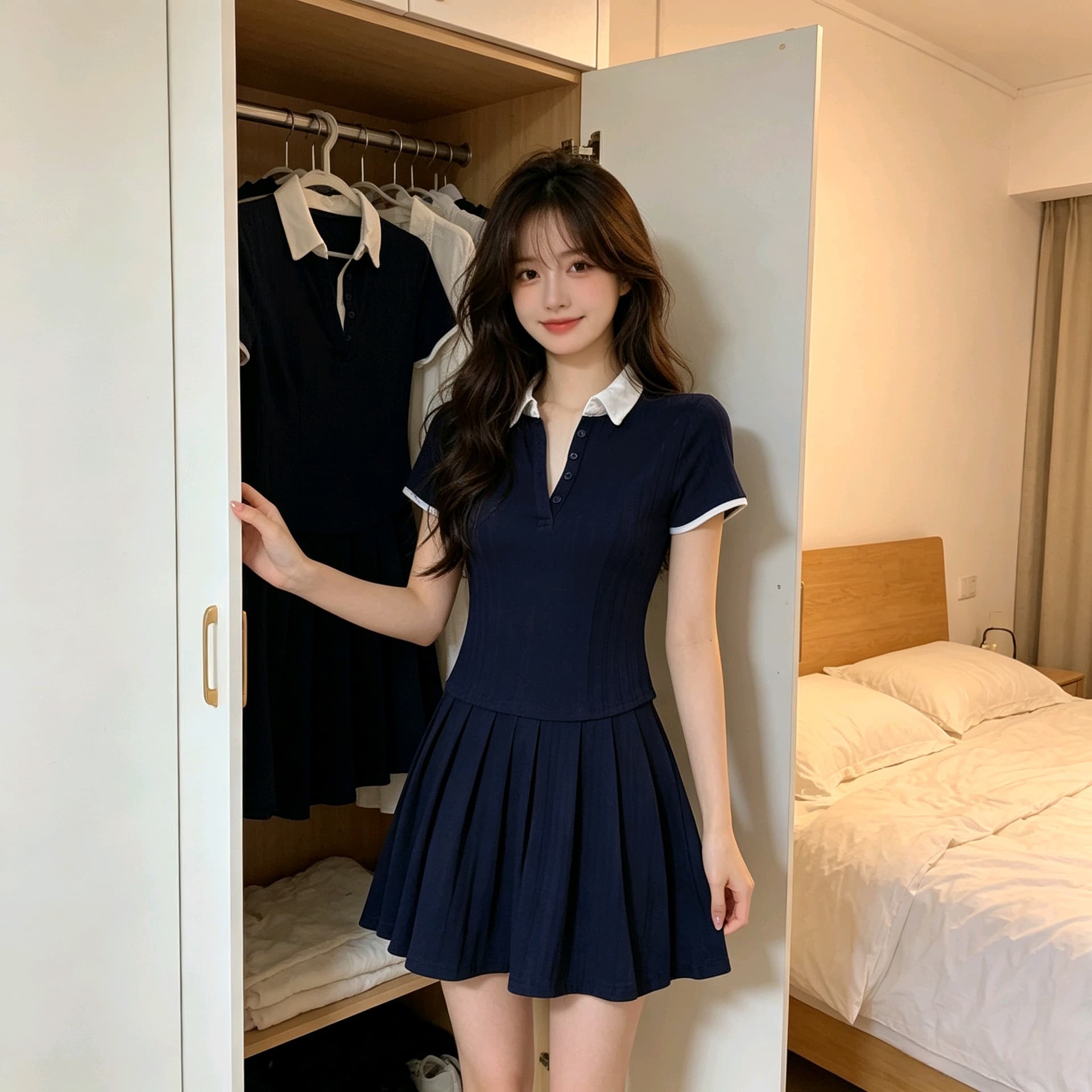 실사 진한 파란색 라임 2026 순수한 욕망 페이크 레이어드 반팔 여성 드레스 여름 하이웨이스트 몸매 가꾸기 치마 상세 이미지 6