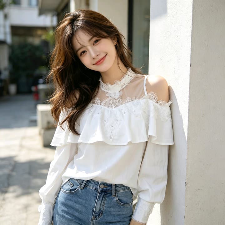실사 2026 레이스 조각 마이크로 ~을 통해 행침 목 셔츠 여성 프릴 오프숄더 순수한 욕망 바람 화이트 셔츠 상세 이미지 5