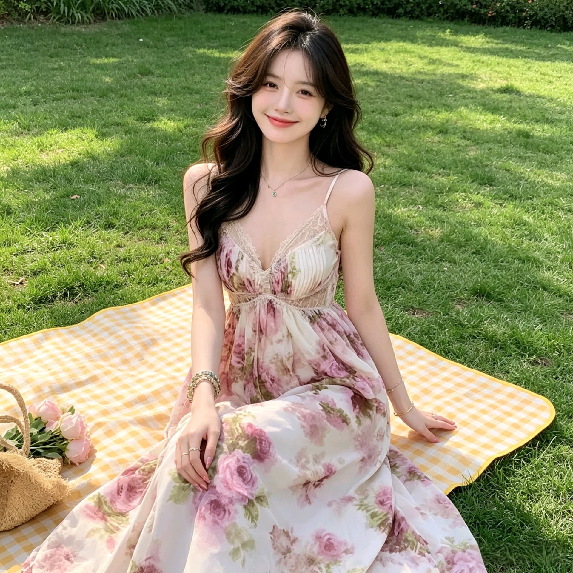 실사 2026 꽃 리플 꽃 바다 V넥 스트랩 백리스 슬립 여성 드레스 봄 여름 레이스 수정 치마 상세 이미지 1