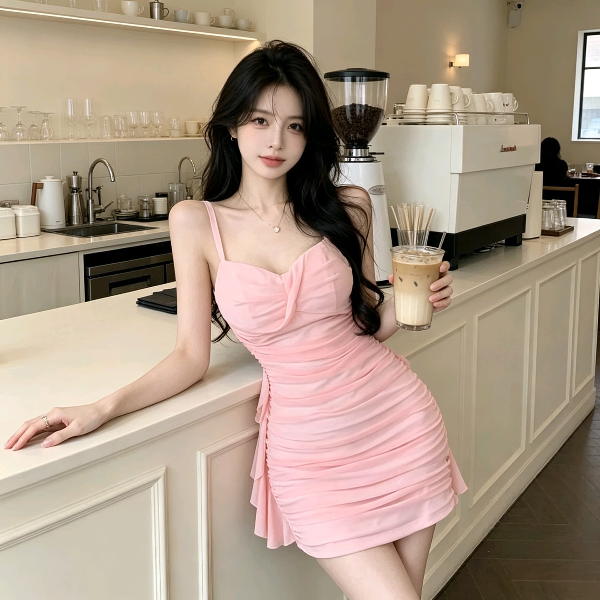 실사 2026 새로운 순수한 욕망 섹시함 낮은 가슴 V넥 쇼트 스타일 망사 슬립 드레스 이미지 3