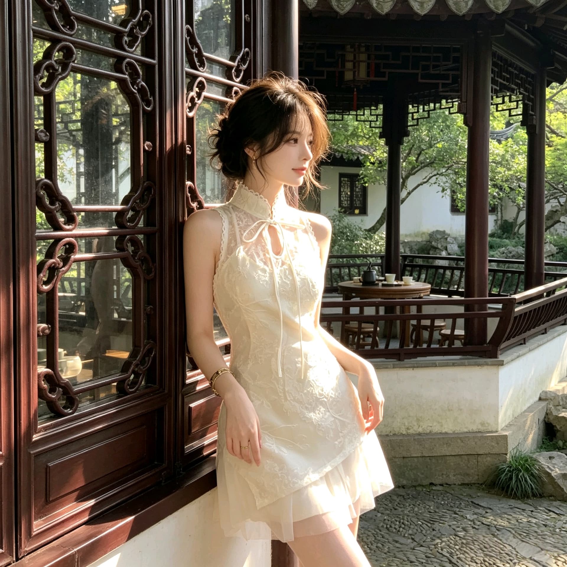 실사 국풍 스탠드 칼라 단추 치파오 드레스 작은 키 달콤함 레이스 자수 드레스 일상 착용 가져 가라. 이미지 2
