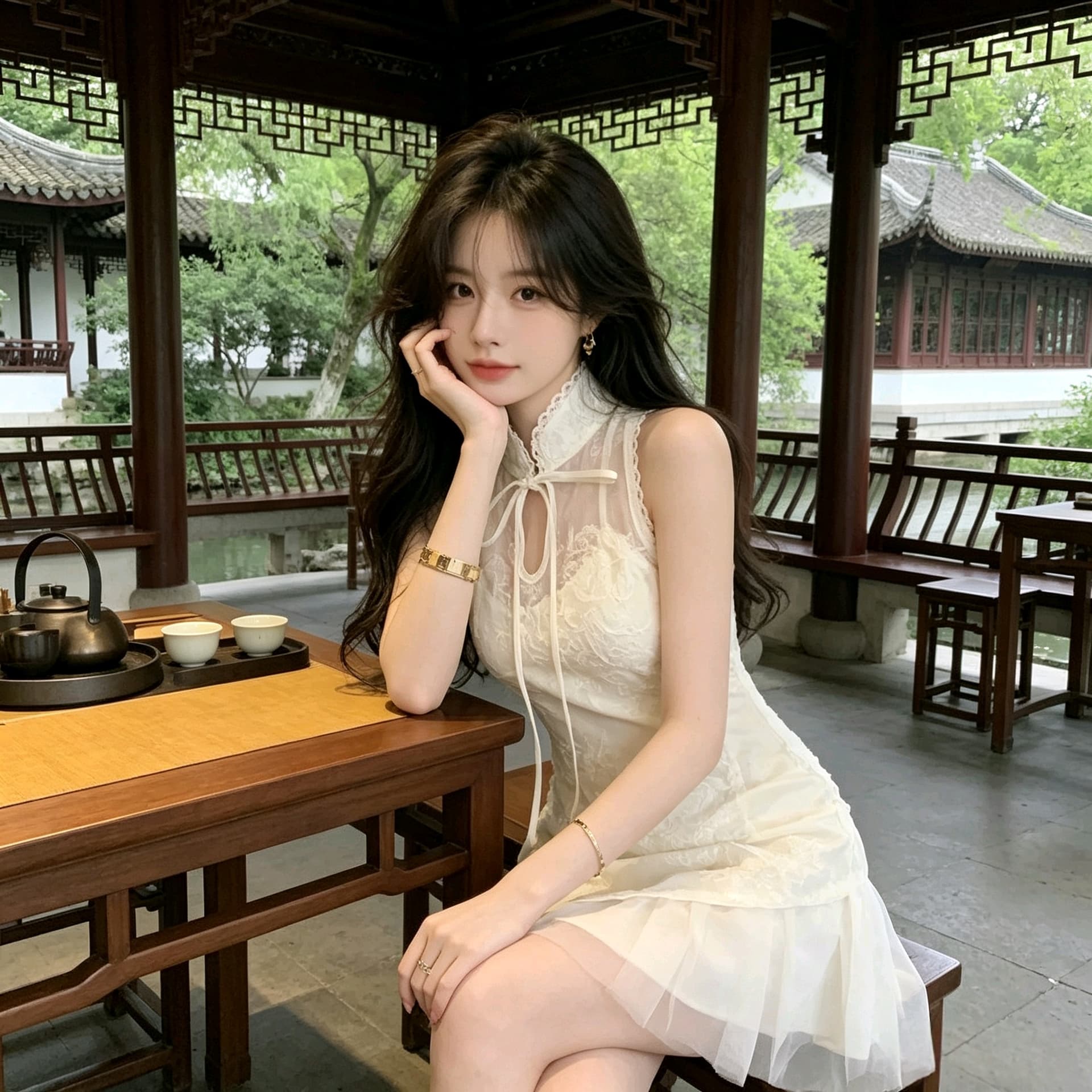실사 국풍 스탠드 칼라 단추 치파오 드레스 작은 키 달콤함 레이스 자수 드레스 일상 착용 가져 가라. 이미지 5