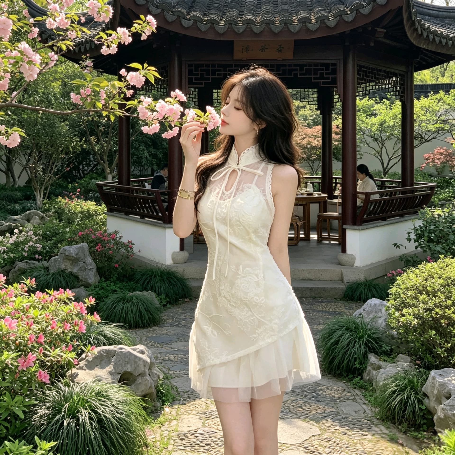 실사 국풍 스탠드 칼라 단추 치파오 드레스 작은 키 달콤함 레이스 자수 드레스 일상 착용 가져 가라. 상세 이미지 1