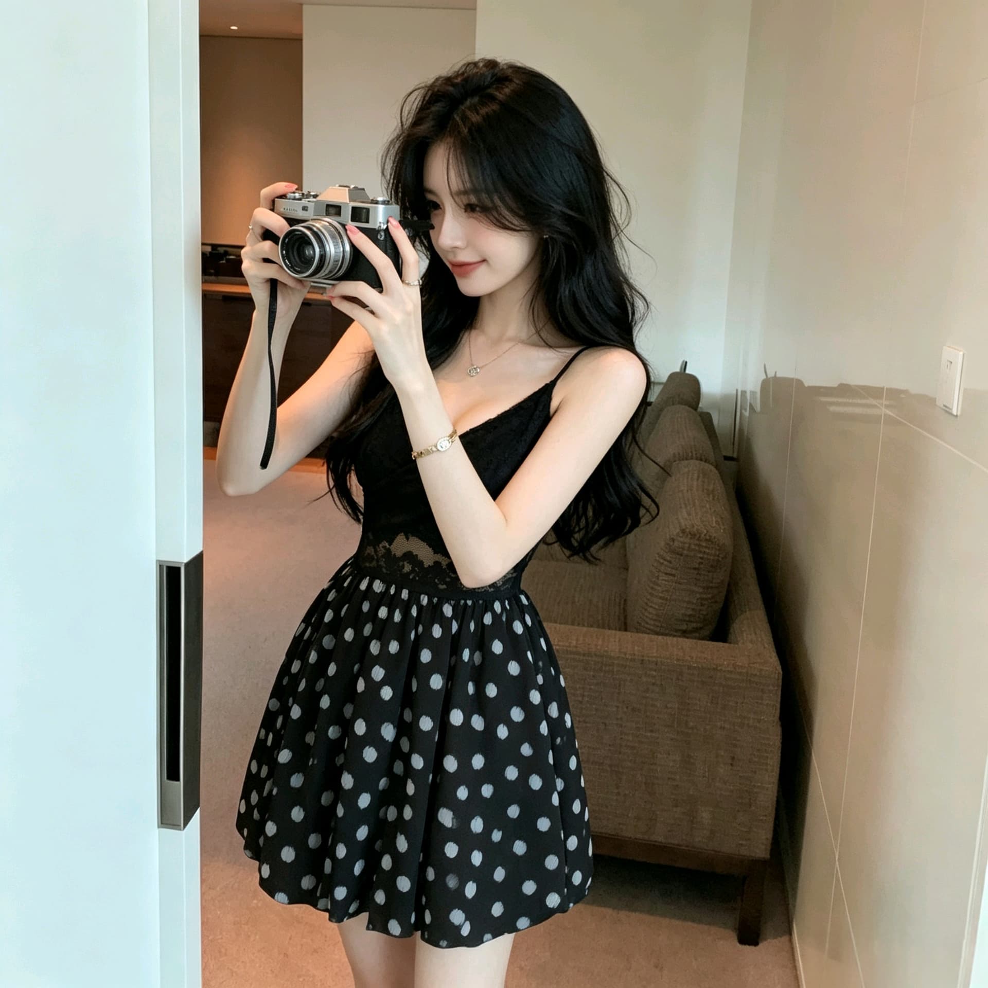 실사 순수한 욕망 바람 블랙 레이스 조각 수묵화 반신 꽃밭 치마 슬림해 보이는 좋은 슬립 미니 스커트 이미지 4