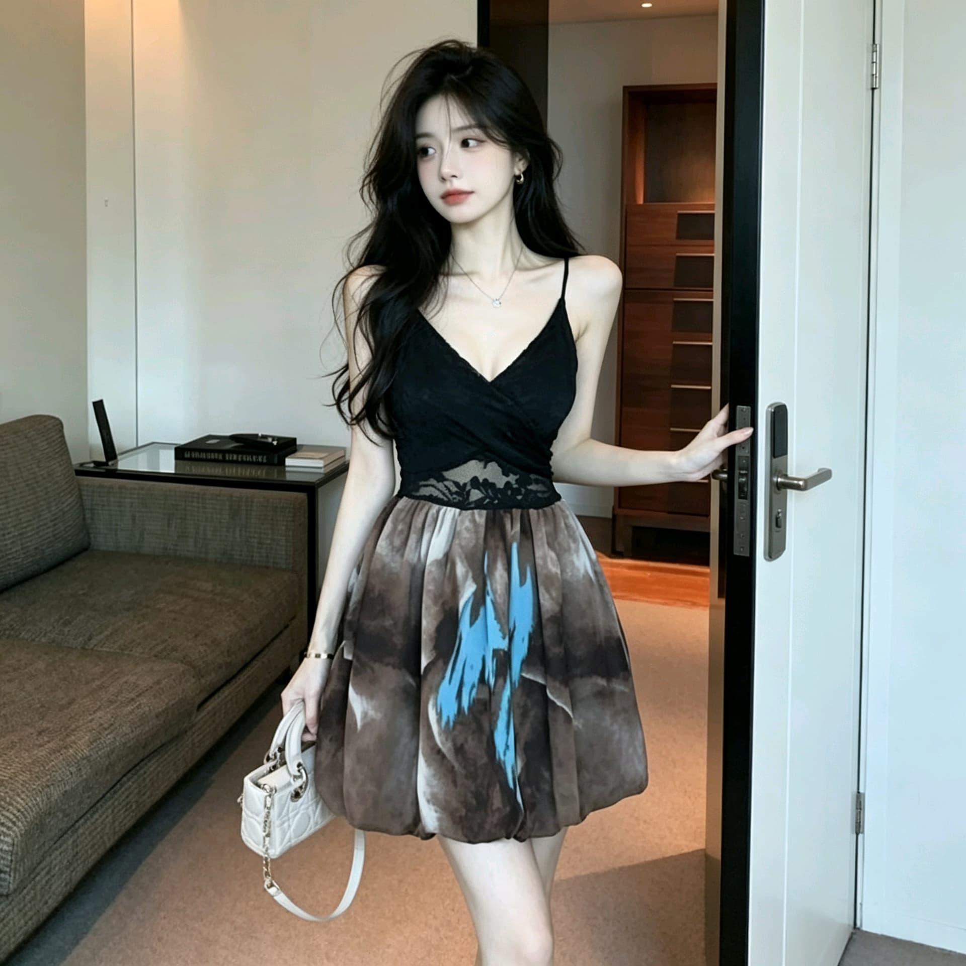 실사 순수한 욕망 바람 블랙 레이스 조각 수묵화 반신 꽃밭 치마 슬림해 보이는 좋은 슬립 미니 스커트 상세 이미지 1
