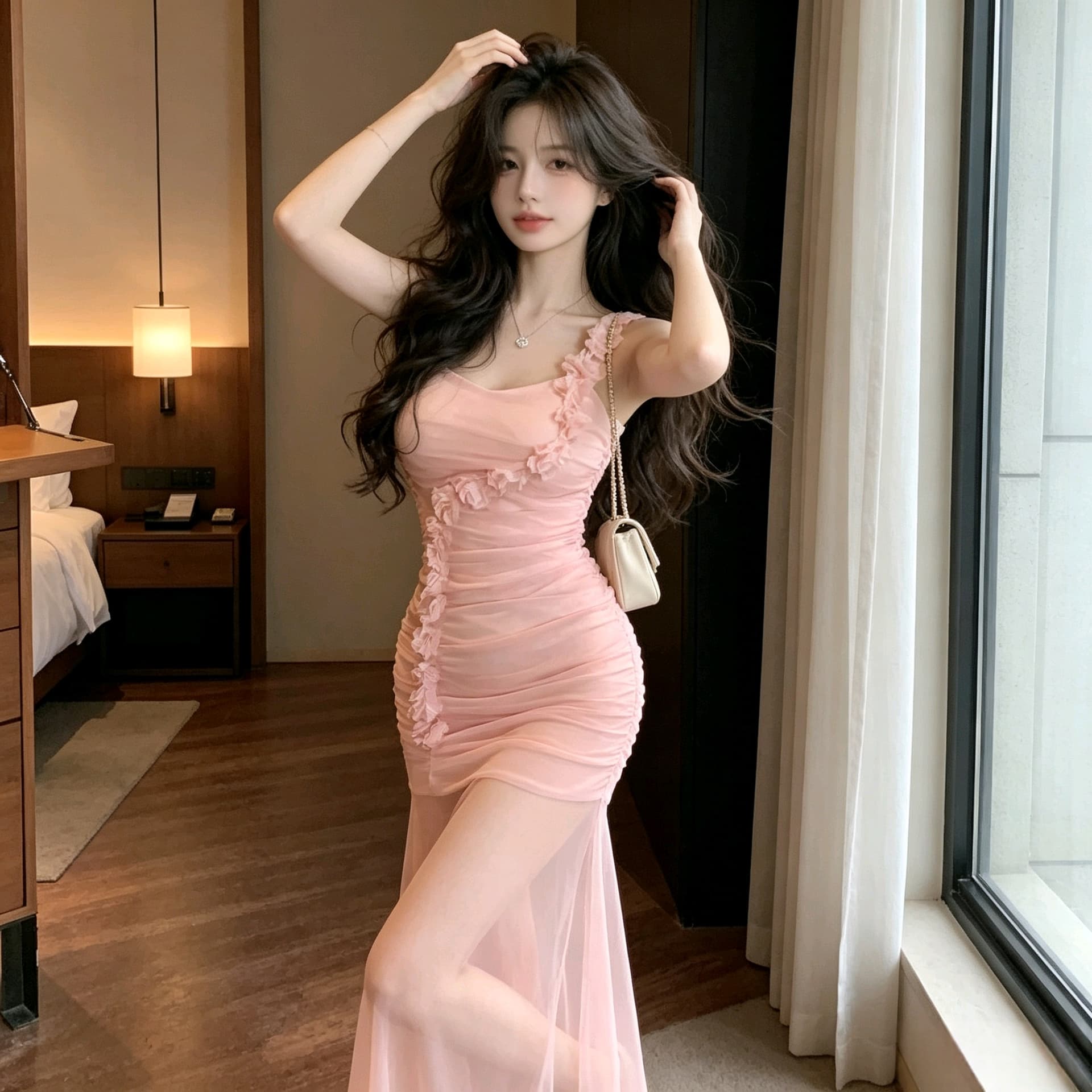 실사 한 부서 부드러운 바람 몸매 가꾸기 타이트 스커트 슬립 롱 스커트 비스듬한 행 꽃 디자인 센스 시스루 인어 꼬리 스커트 슬림해 보이는 상세 이미지 2