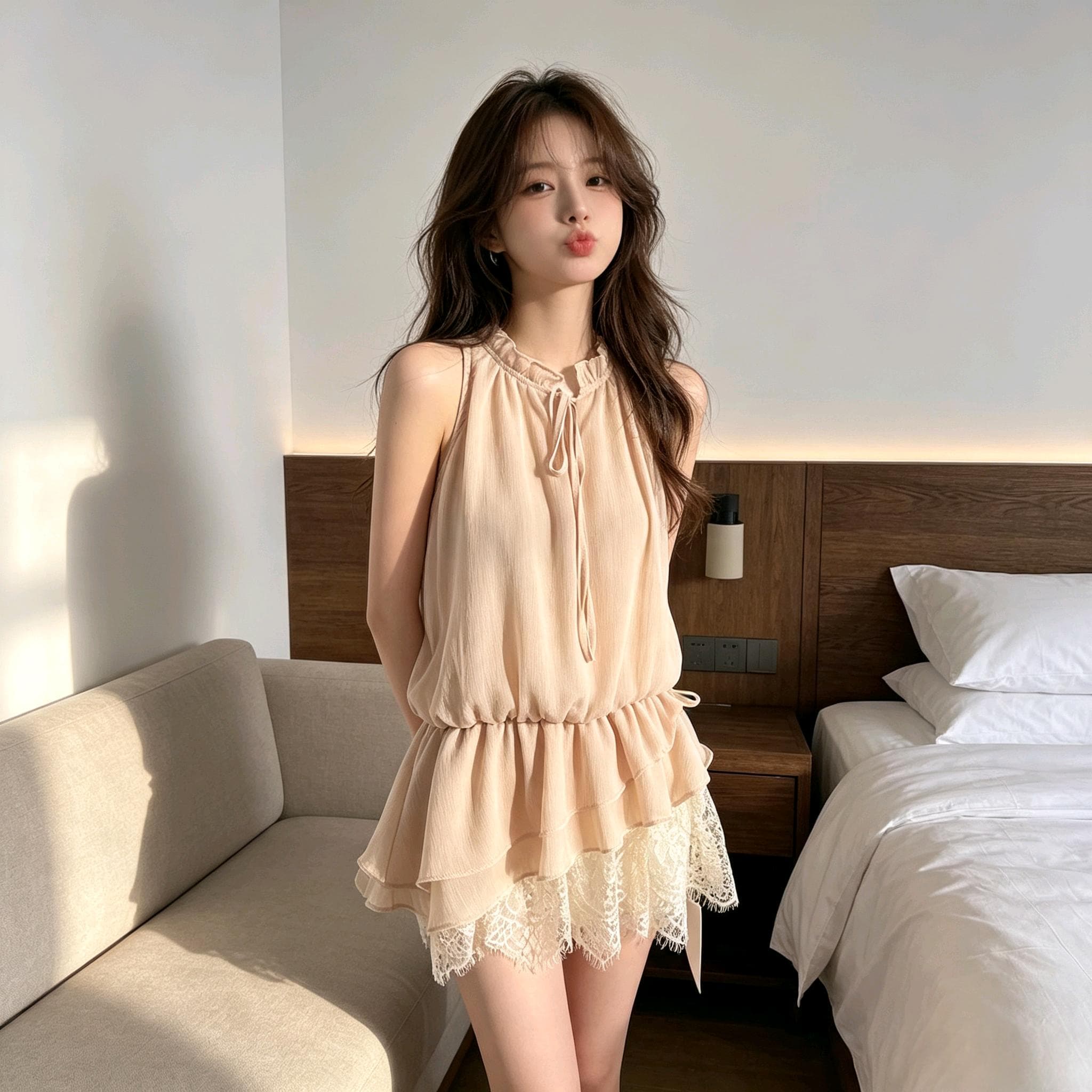 실사 민소매 레이스 조각 쉬폰 여성 셔츠 2026 여름 새로운 한 부서 달콤함 몸매 가꾸기 허리 수축 맨위 이미지 2