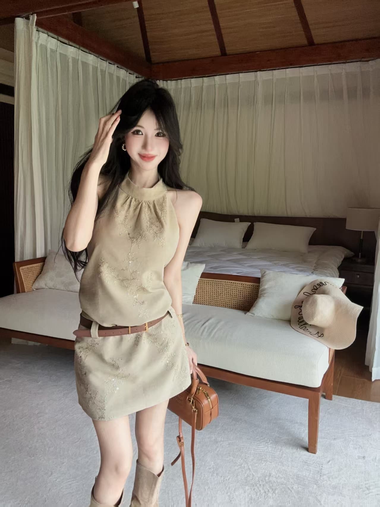 무거운 작업 자카드 행침 목 민소매 조끼 여성 드레스 여름 새로운 디자인 센스 품격 허리 수축 짧은 치마 상세 이미지 7