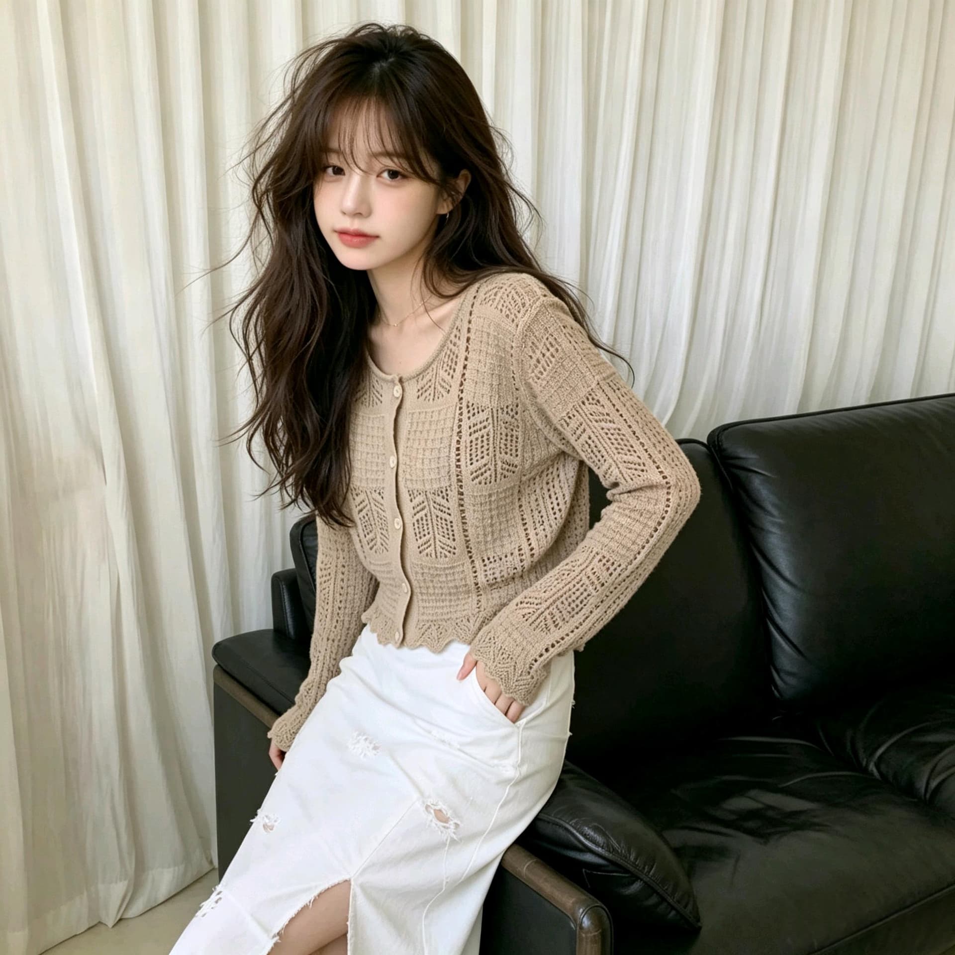 실사 이른 가을 홀로우 아웃 자수 니트 오픈 가디건 여성 한 부서 부드러운 바람 루즈핏 외부 가져 가라. 라운드 넥 레이스 슬림해 보이는 맨위 상세 이미지 5