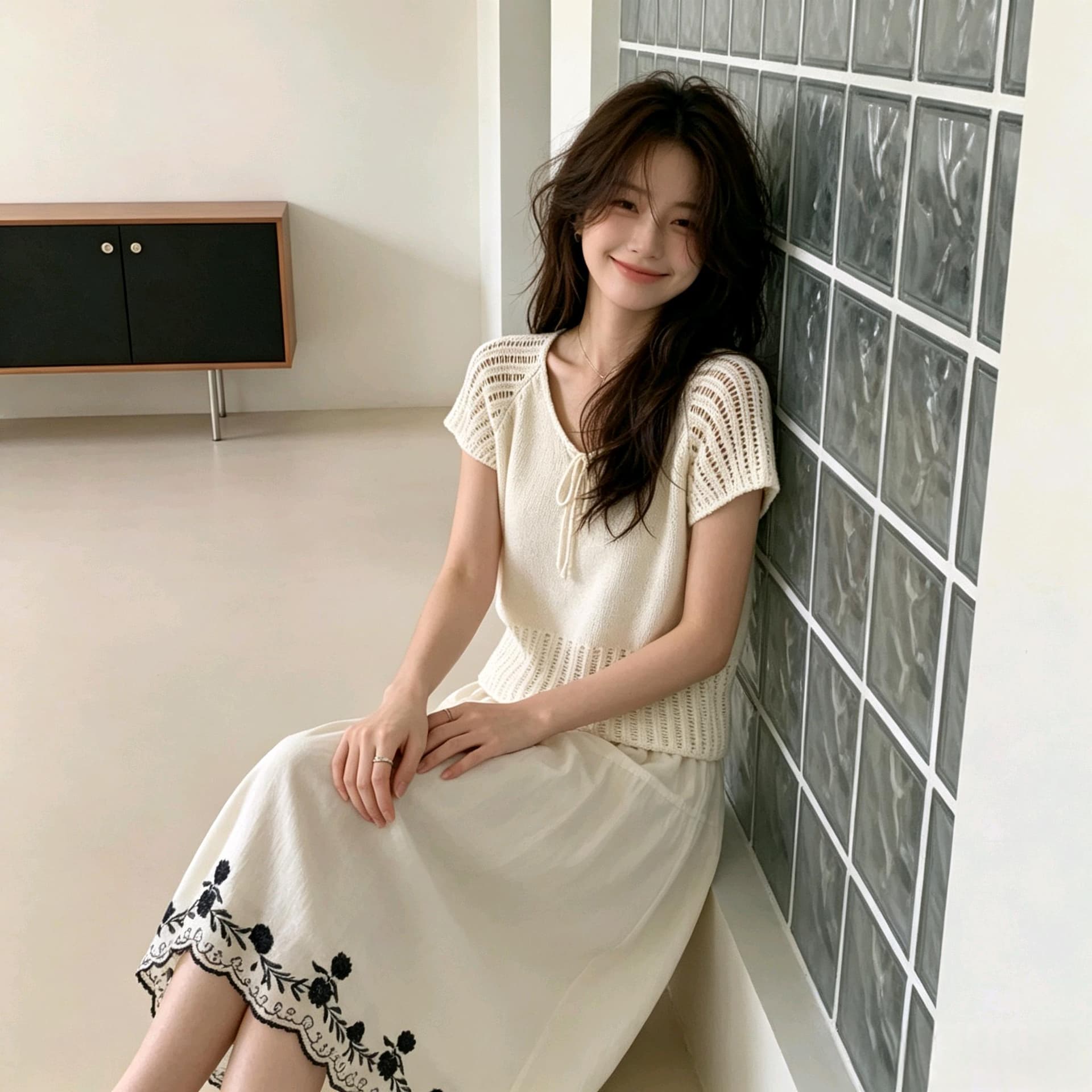 실사 한 부서 V넥 펌프 로프 홀로우 아웃 니트 맨위 여름 얇은 스타일 루즈핏 반팔 블라우스 쇼트 스타일 슬림해 보이는 작은 셔츠