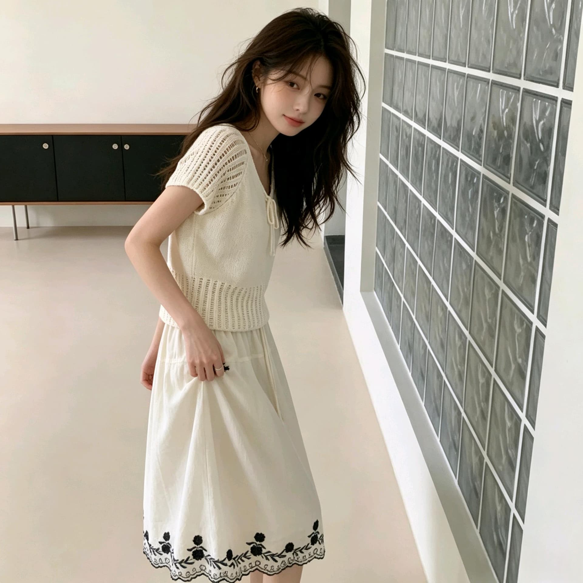 실사 한 부서 V넥 펌프 로프 홀로우 아웃 니트 맨위 여름 얇은 스타일 루즈핏 반팔 블라우스 쇼트 스타일 슬림해 보이는 작은 셔츠 이미지 2