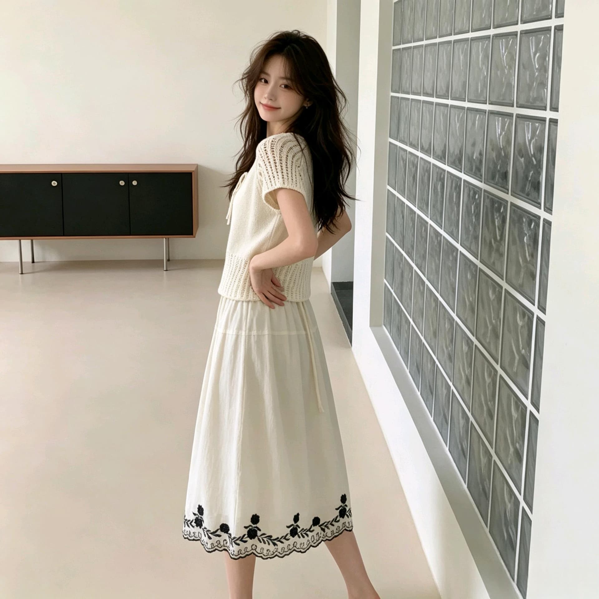 실사 한 부서 V넥 펌프 로프 홀로우 아웃 니트 맨위 여름 얇은 스타일 루즈핏 반팔 블라우스 쇼트 스타일 슬림해 보이는 작은 셔츠 상세 이미지 2